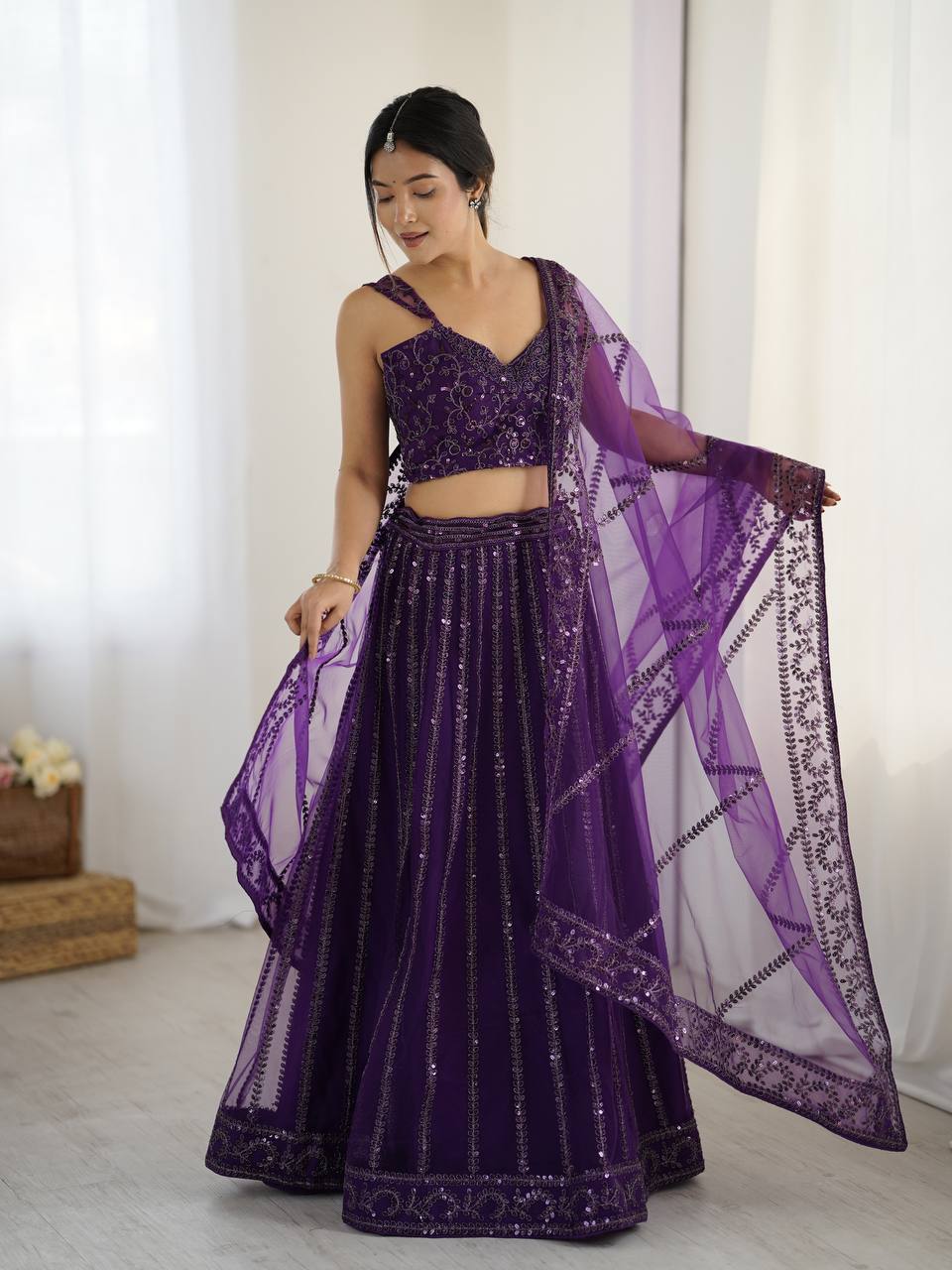 Purple Elegant Net Lehenga Set with Sequins & Dori Work