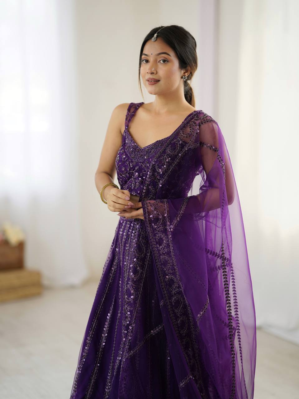 Purple Elegant Net Lehenga Set with Sequins & Dori Work