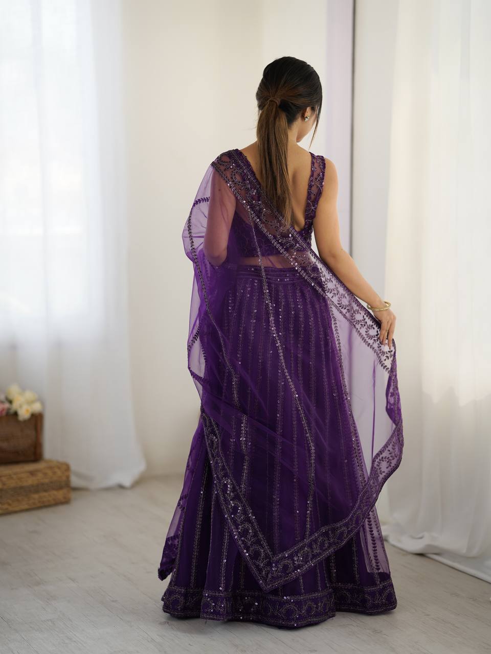 Purple Elegant Net Lehenga Set with Sequins & Dori Work