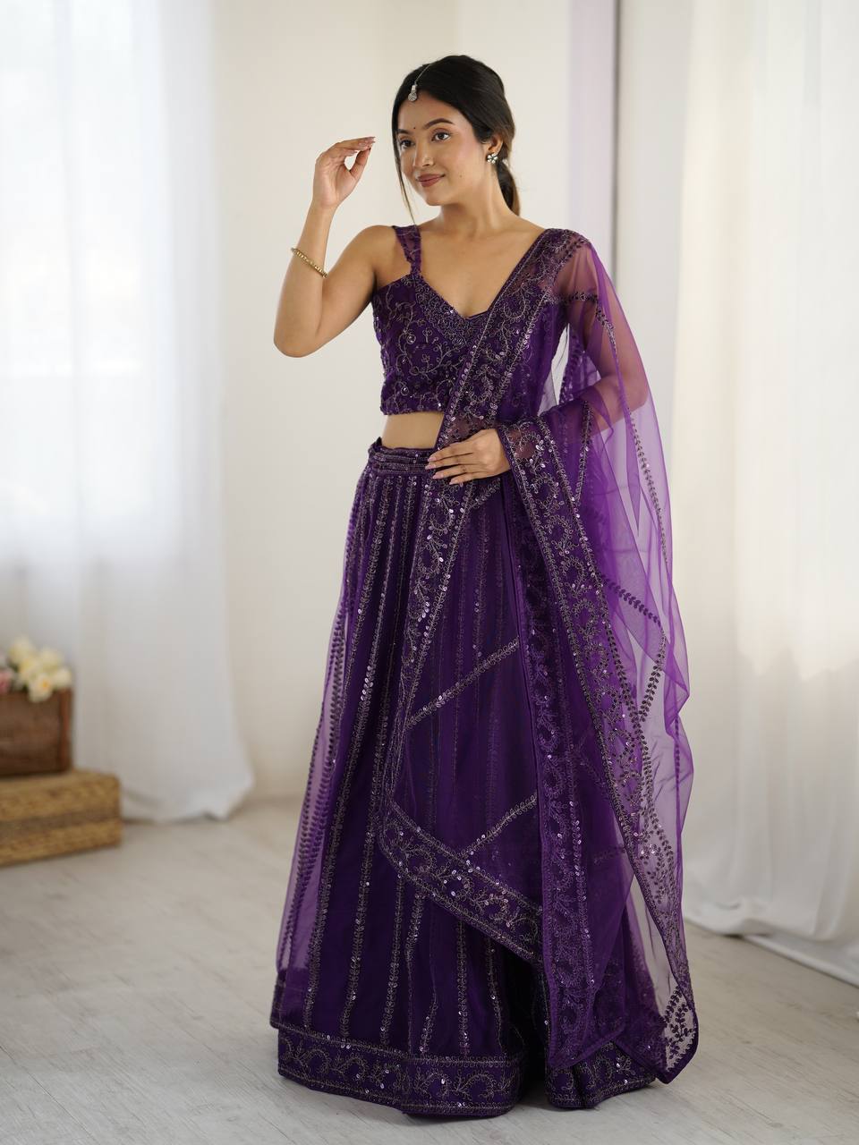Purple Elegant Net Lehenga Set with Sequins & Dori Work