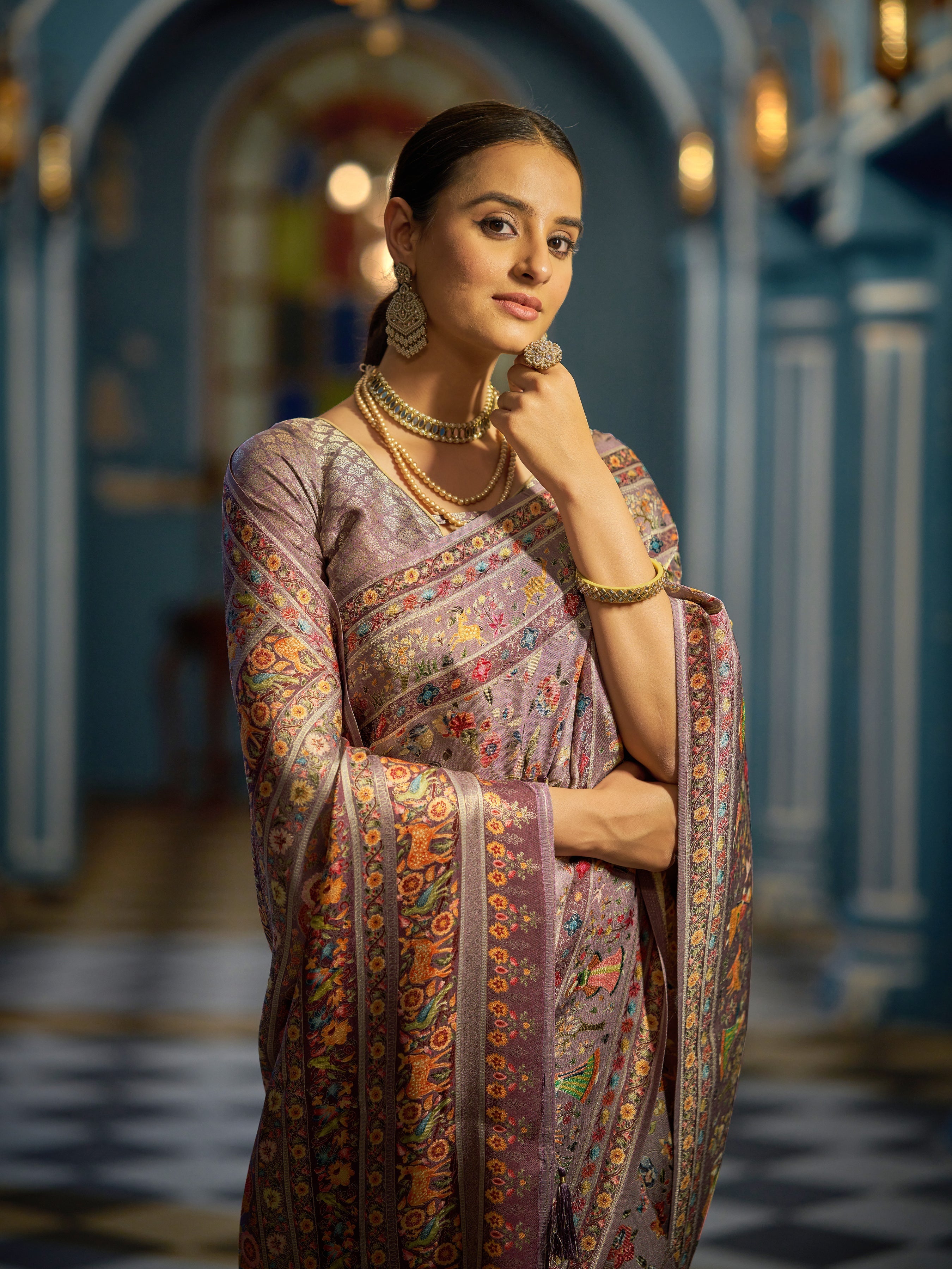 Purple Elegant Pashmina Kashmiri Jacquard Saree with Kalamkari & Meenakari Weaving