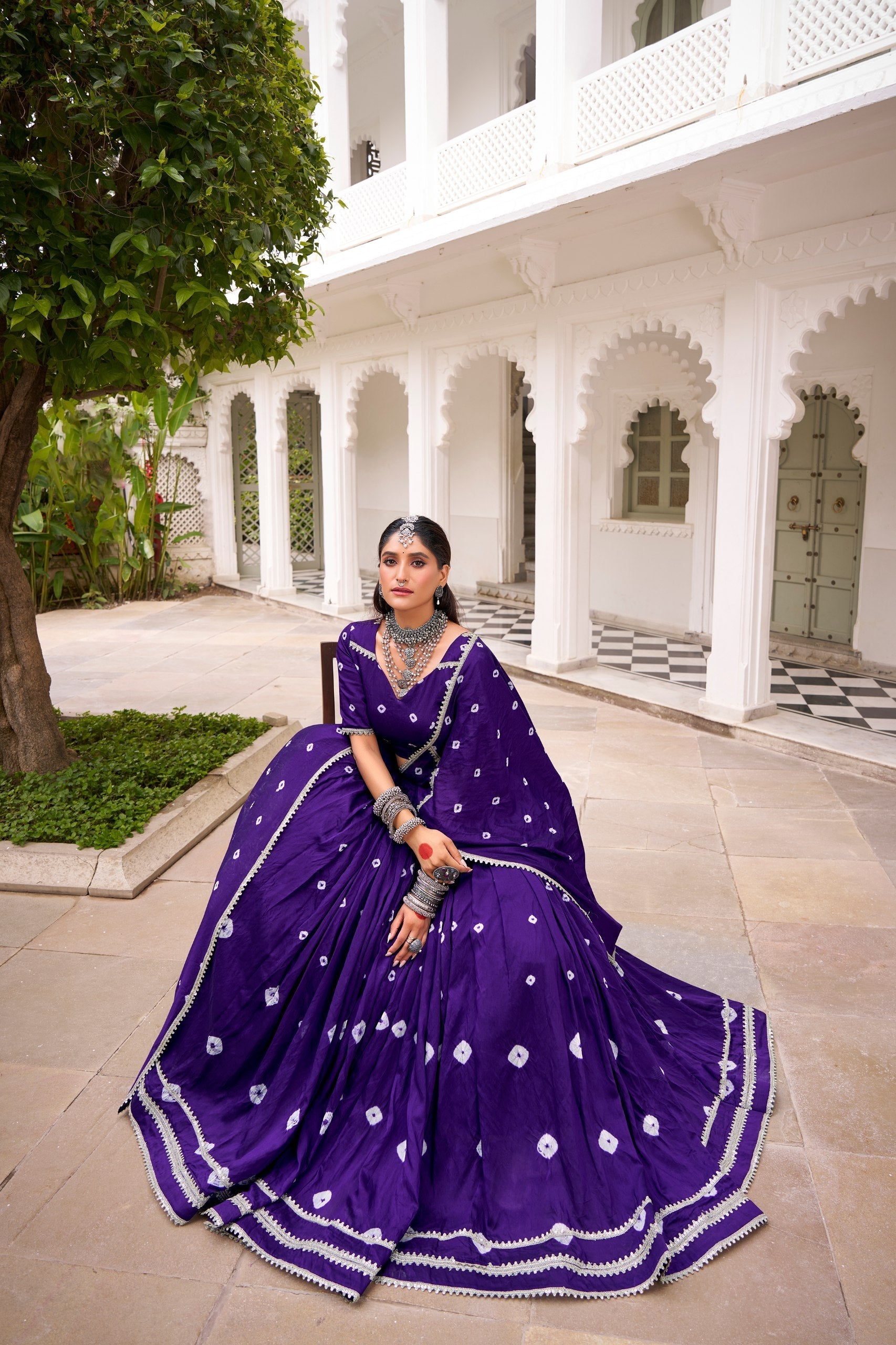 Purple Elegant Pure Chanderi Bandhej Print Lehenga Set with Blouse & Dupatta – Stitched with Canvas and Lace Detailing