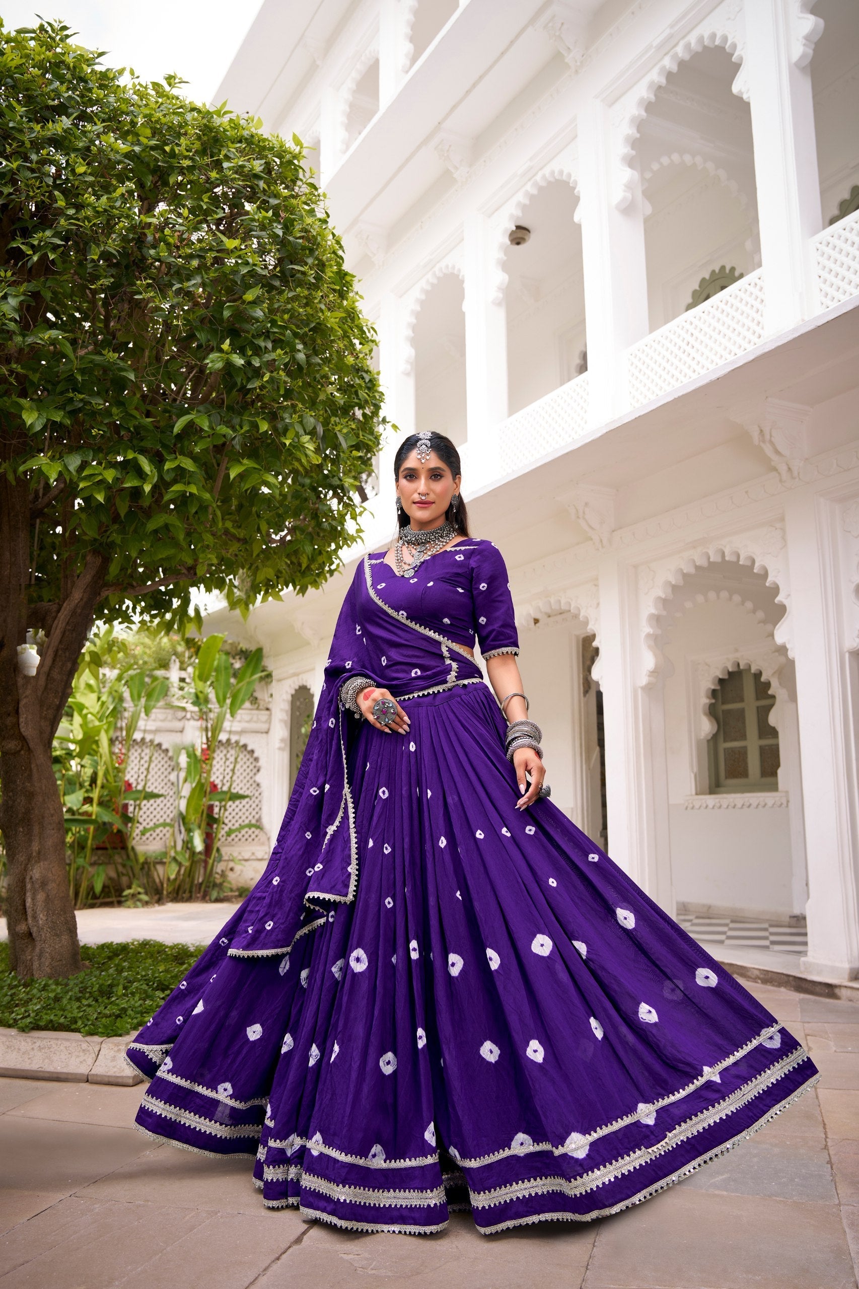 Purple Elegant Pure Chanderi Bandhej Print Lehenga Set with Blouse & Dupatta – Stitched with Canvas and Lace Detailing