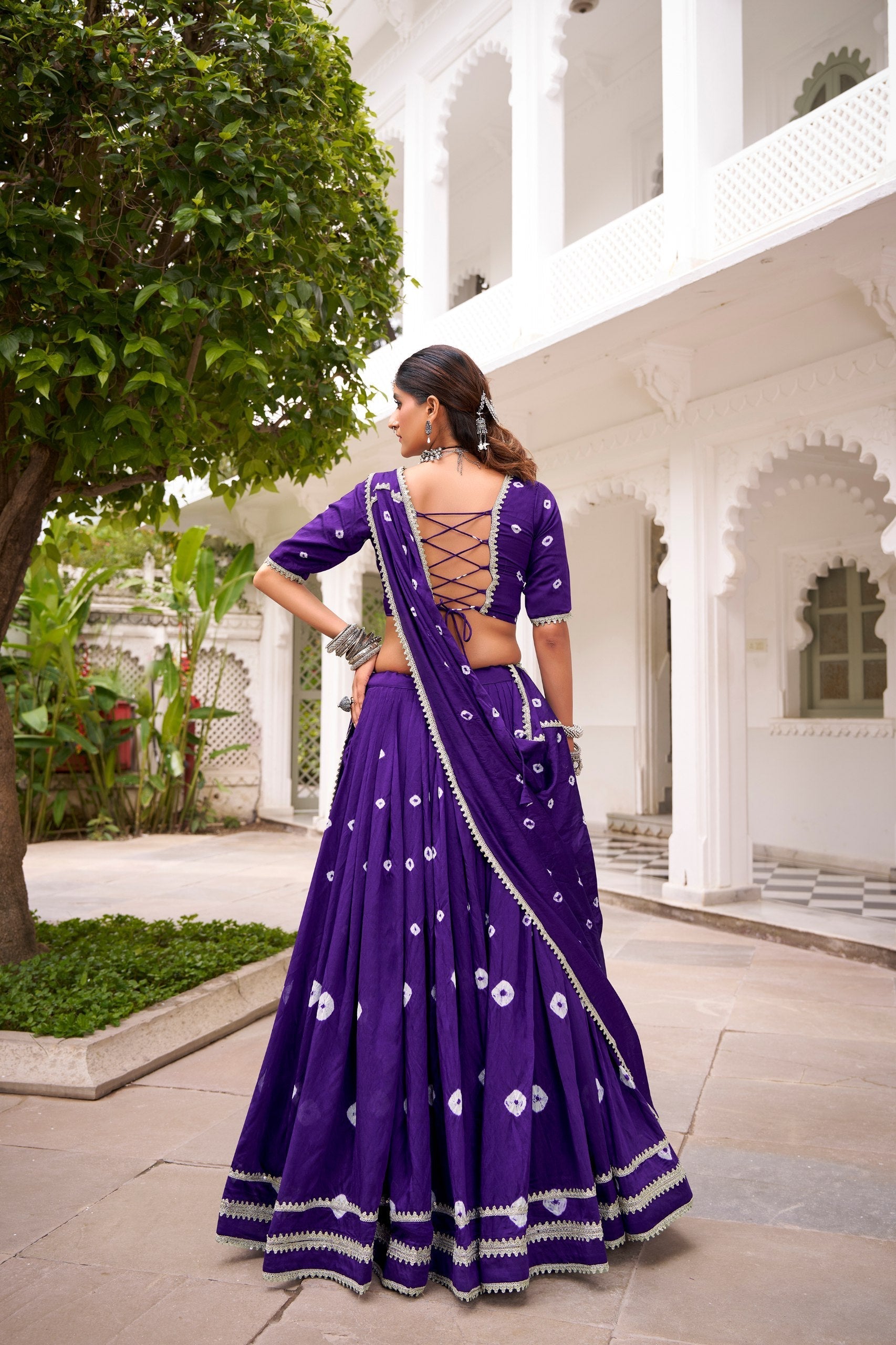 Purple Elegant Pure Chanderi Bandhej Print Lehenga Set with Blouse & Dupatta – Stitched with Canvas and Lace Detailing