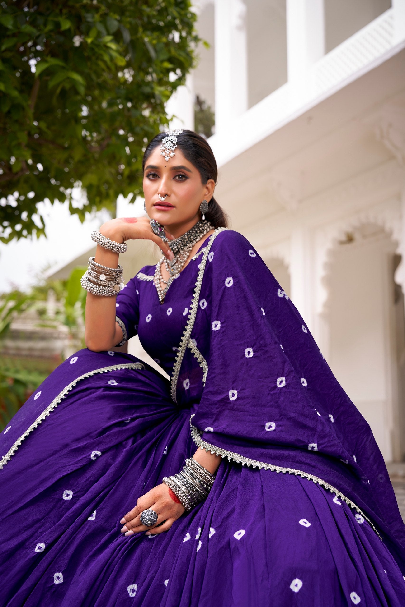 Purple Elegant Pure Chanderi Bandhej Print Lehenga Set with Blouse & Dupatta – Stitched with Canvas and Lace Detailing