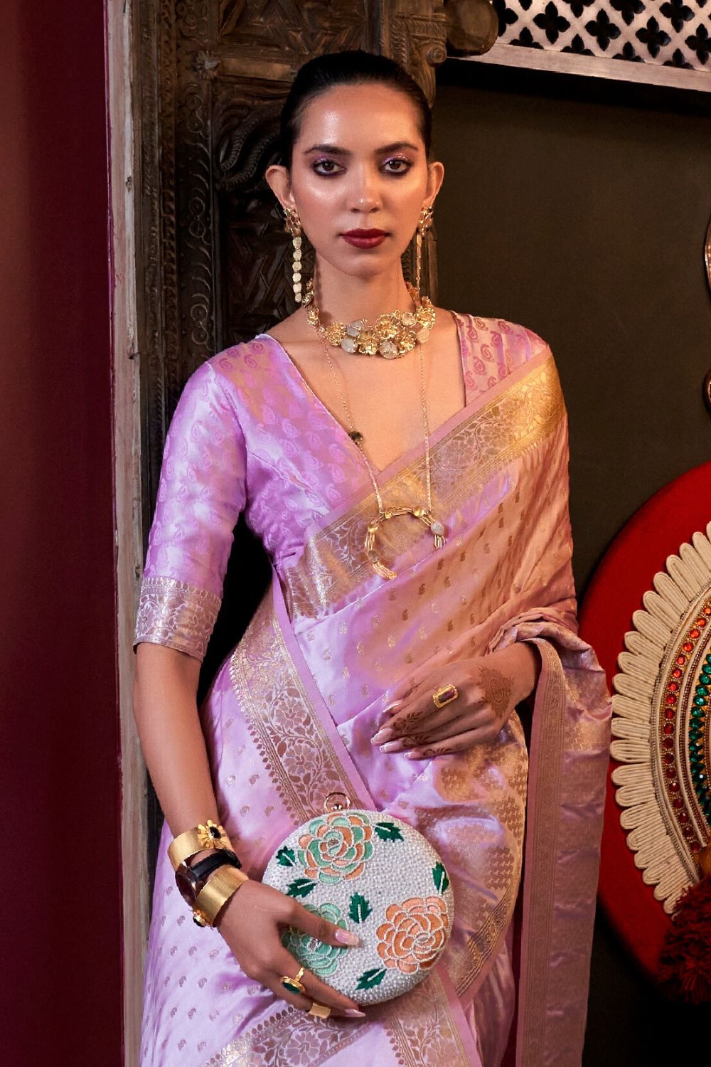 Purple Elegant Pure Satin Handloom Saree with Unstitched Blouse Piece
