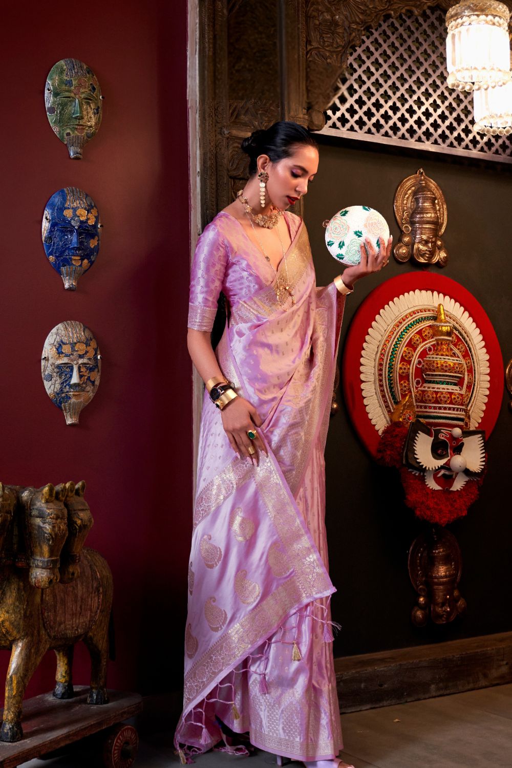 Purple Elegant Pure Satin Handloom Saree with Unstitched Blouse Piece