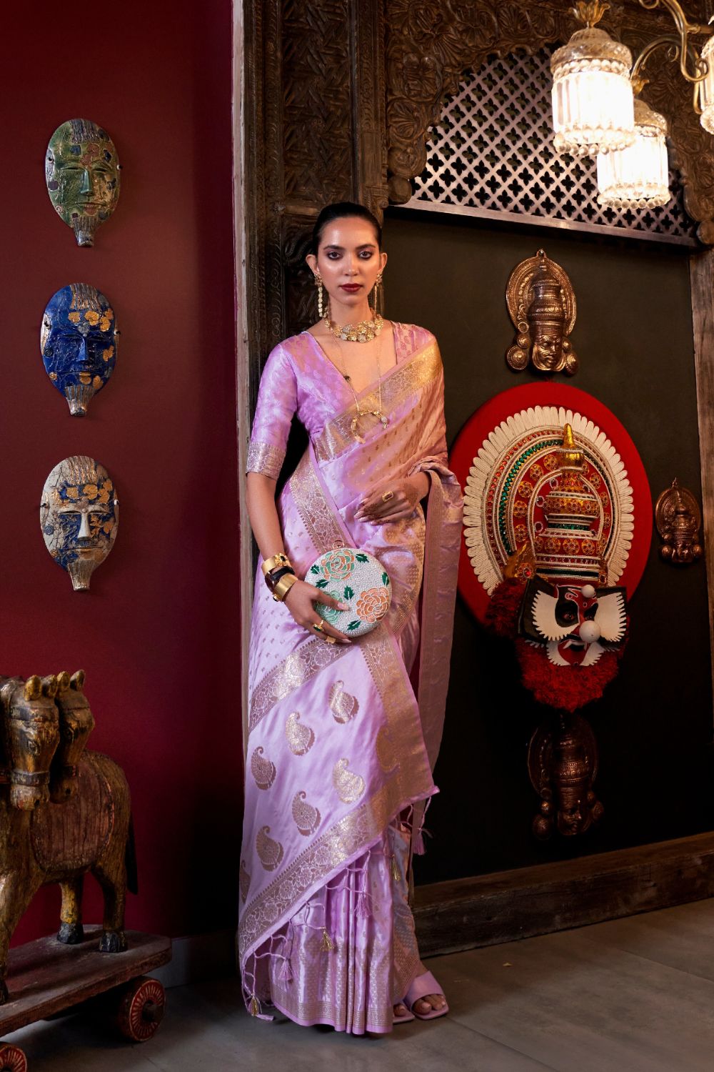 Purple Elegant Pure Satin Handloom Saree with Unstitched Blouse Piece