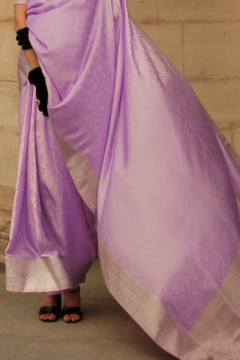 Purple Elegant Satin Silk Blend Saree with Matching Blended Silk Blouse Piece