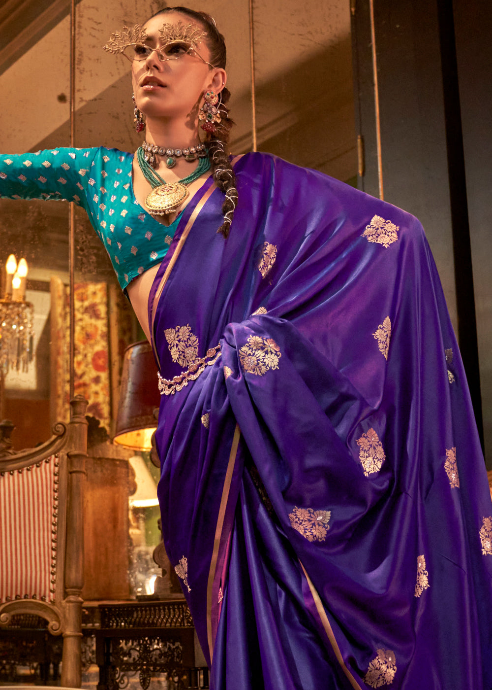 Purple Elegant Satin Silk Saree – Evening Cocktail & Dinner Party Wear