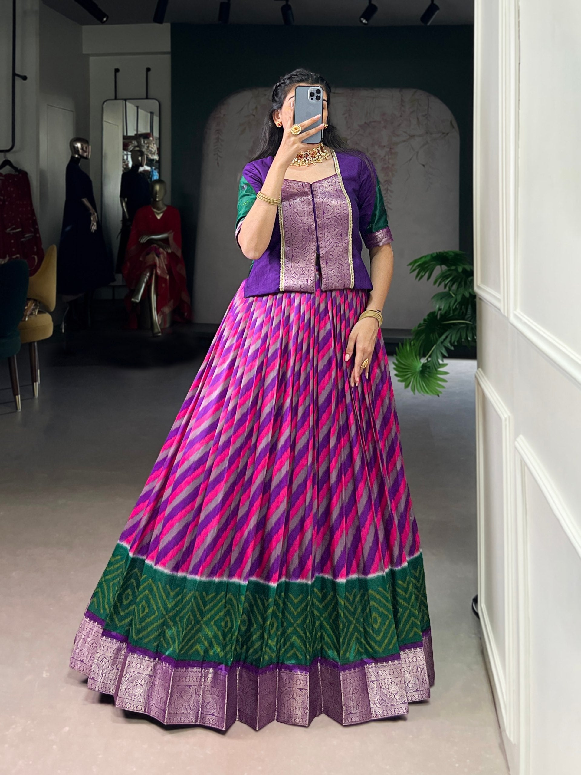 Purple Elegant Tasar Silk Lehenga with Leheriya Print & Zari Work – Stitched Lehenga with Vichitra Silk Blouse