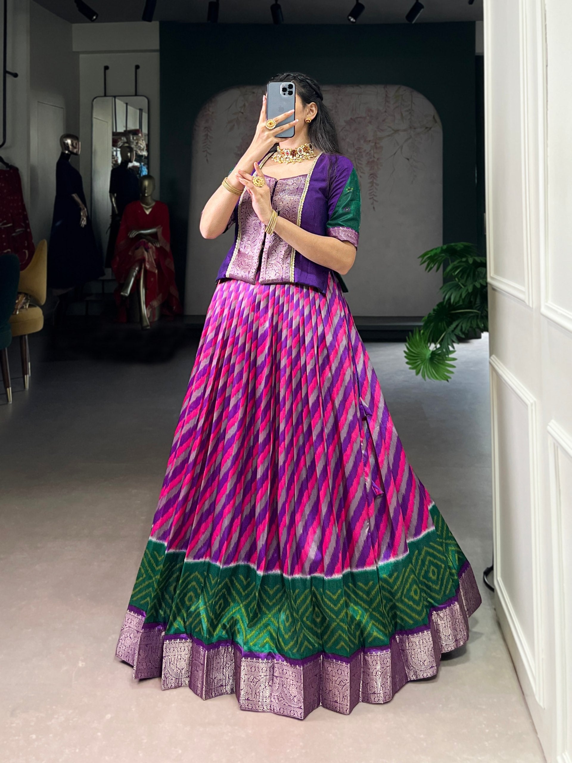 Purple Elegant Tasar Silk Lehenga with Leheriya Print & Zari Work – Stitched Lehenga with Vichitra Silk Blouse