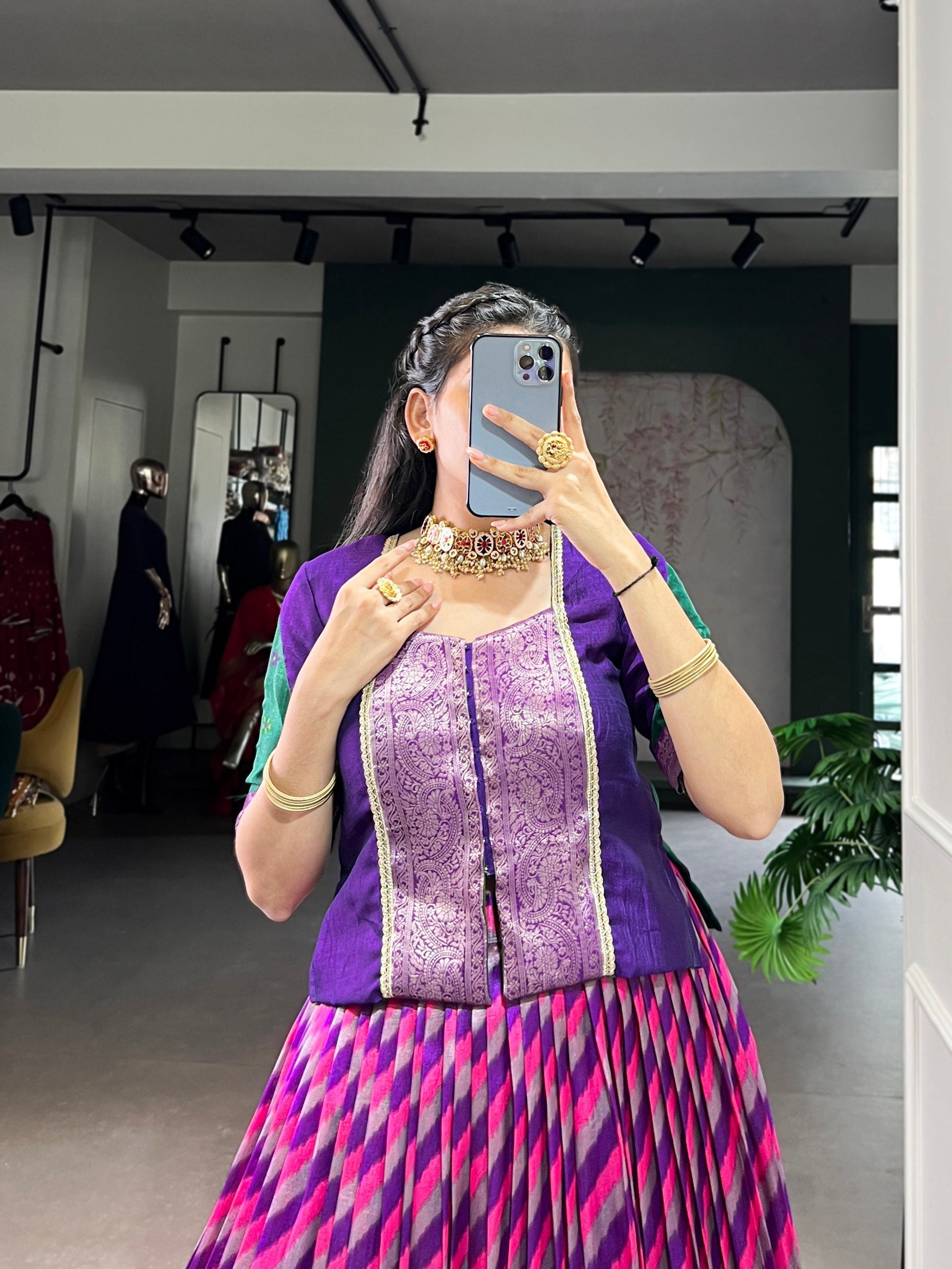 Purple Elegant Tasar Silk Lehenga with Leheriya Print & Zari Work – Stitched Lehenga with Vichitra Silk Blouse