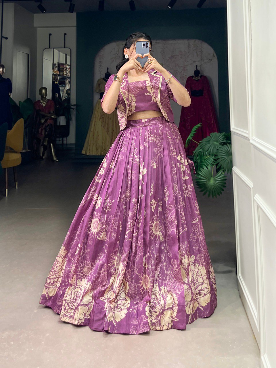 Purple Elegant Tussar Silk Floral Co-ord Set – Lehenga, Blouse & Koti