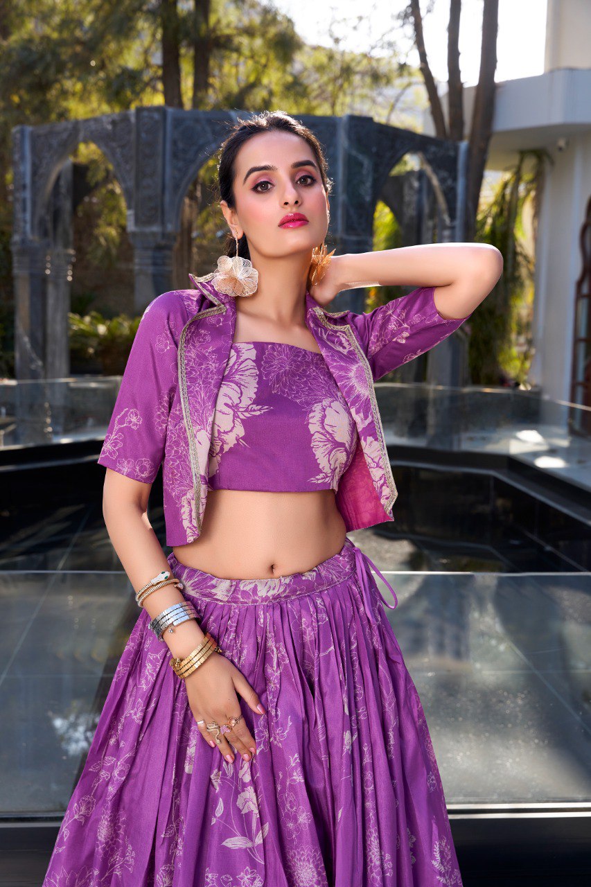 Purple Elegant Tussar Silk Floral Co-ord Set – Lehenga, Blouse & Koti