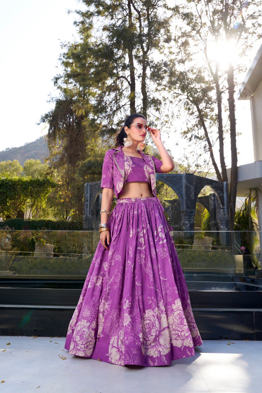Purple Elegant Tussar Silk Floral Co-ord Set – Lehenga, Blouse & Koti