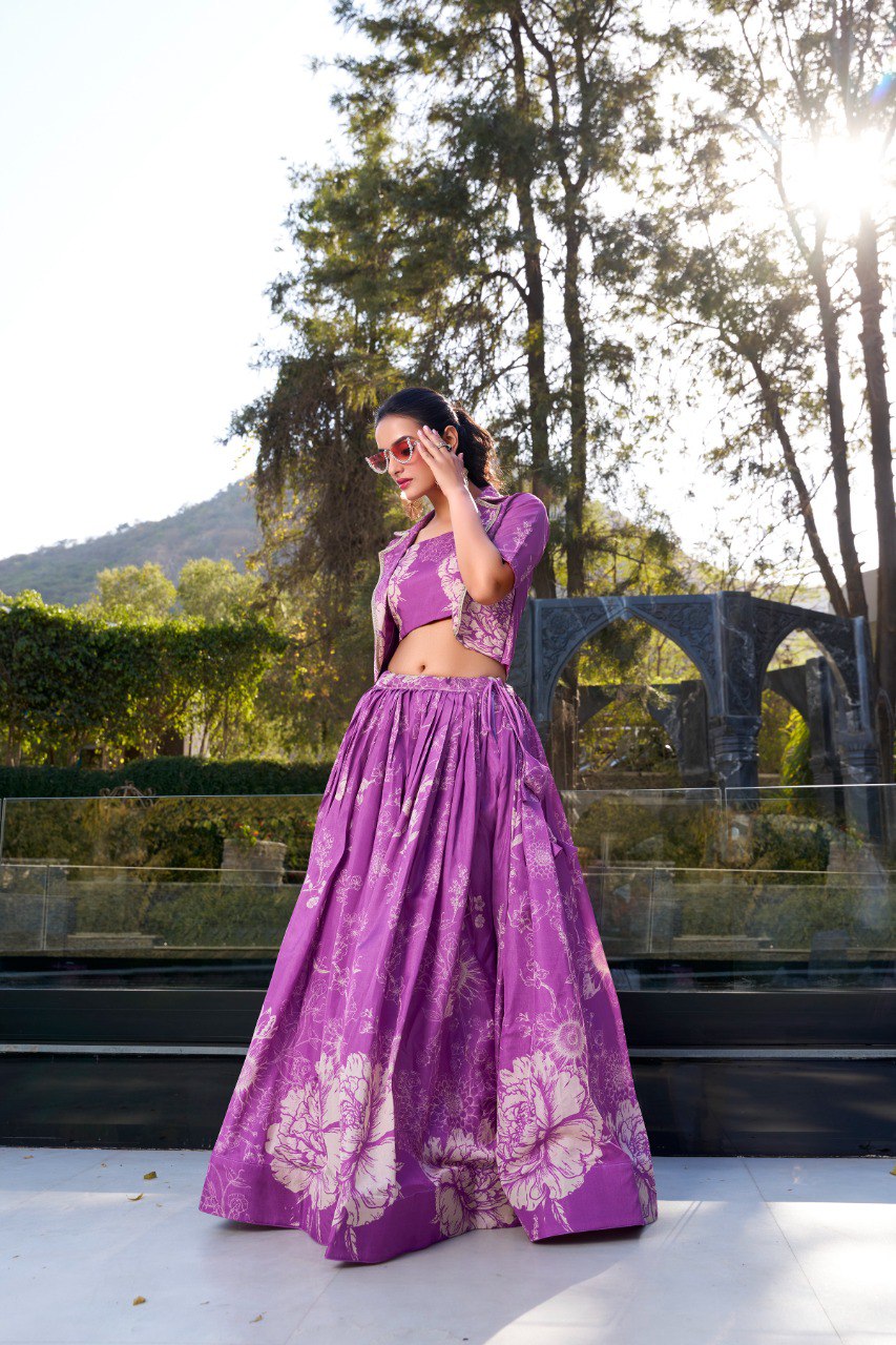 Purple Elegant Tussar Silk Floral Co-ord Set – Lehenga, Blouse & Koti