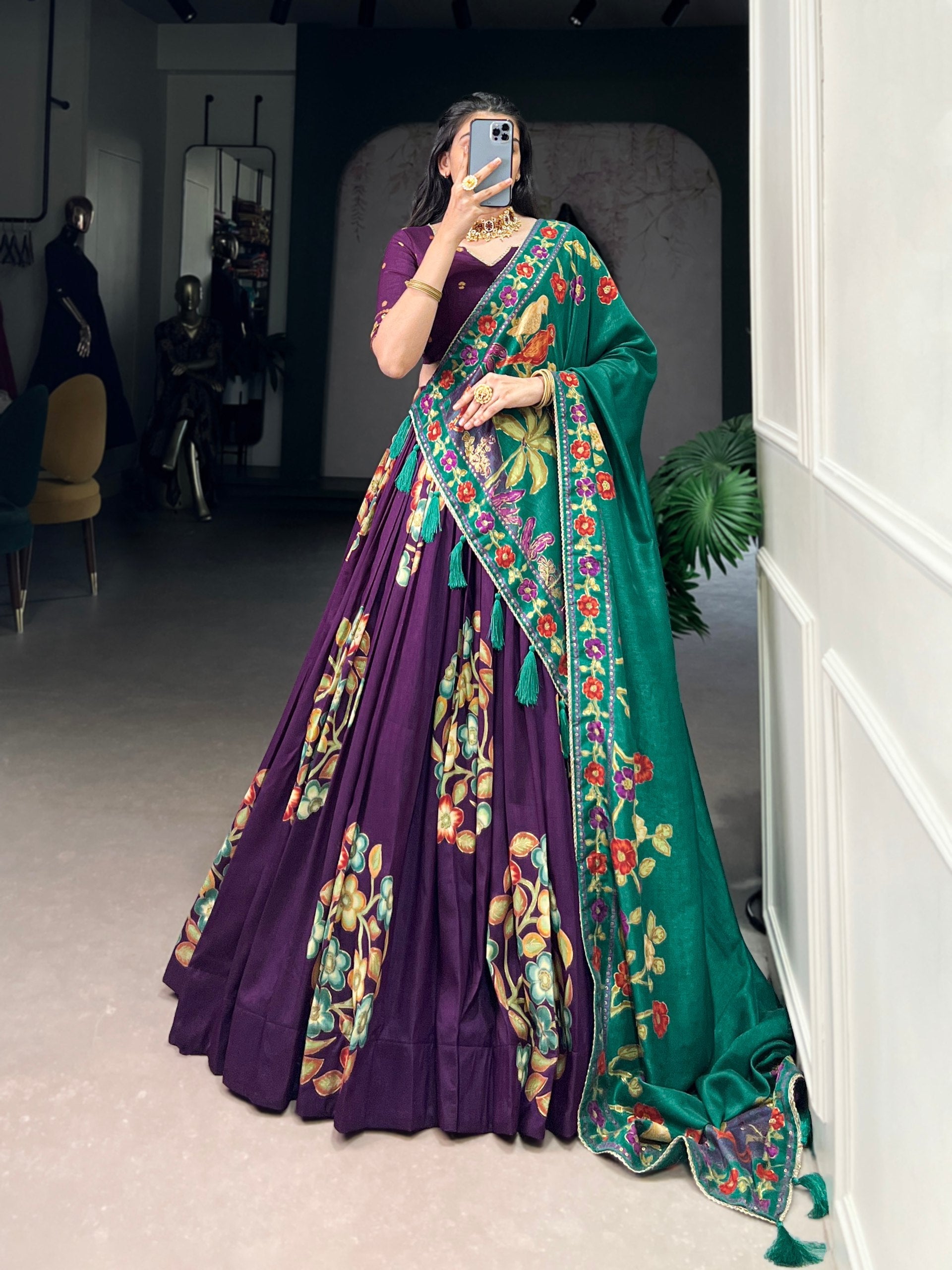 Purple Elegant Tussar Silk Printed Lehenga Set with Foil Work & Gotta Patti Dupatta
