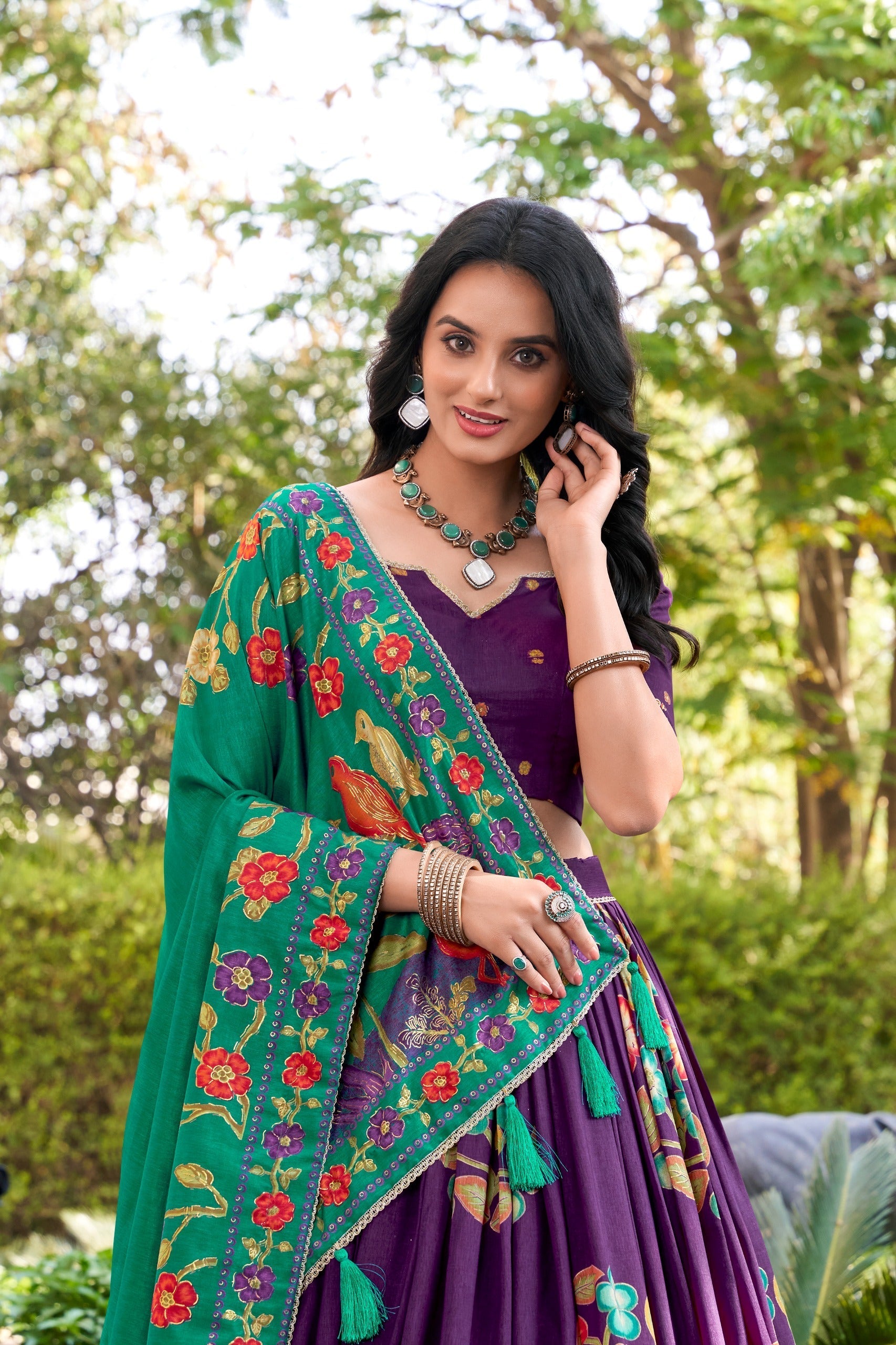 Purple Elegant Tussar Silk Printed Lehenga Set with Foil Work & Gotta Patti Dupatta