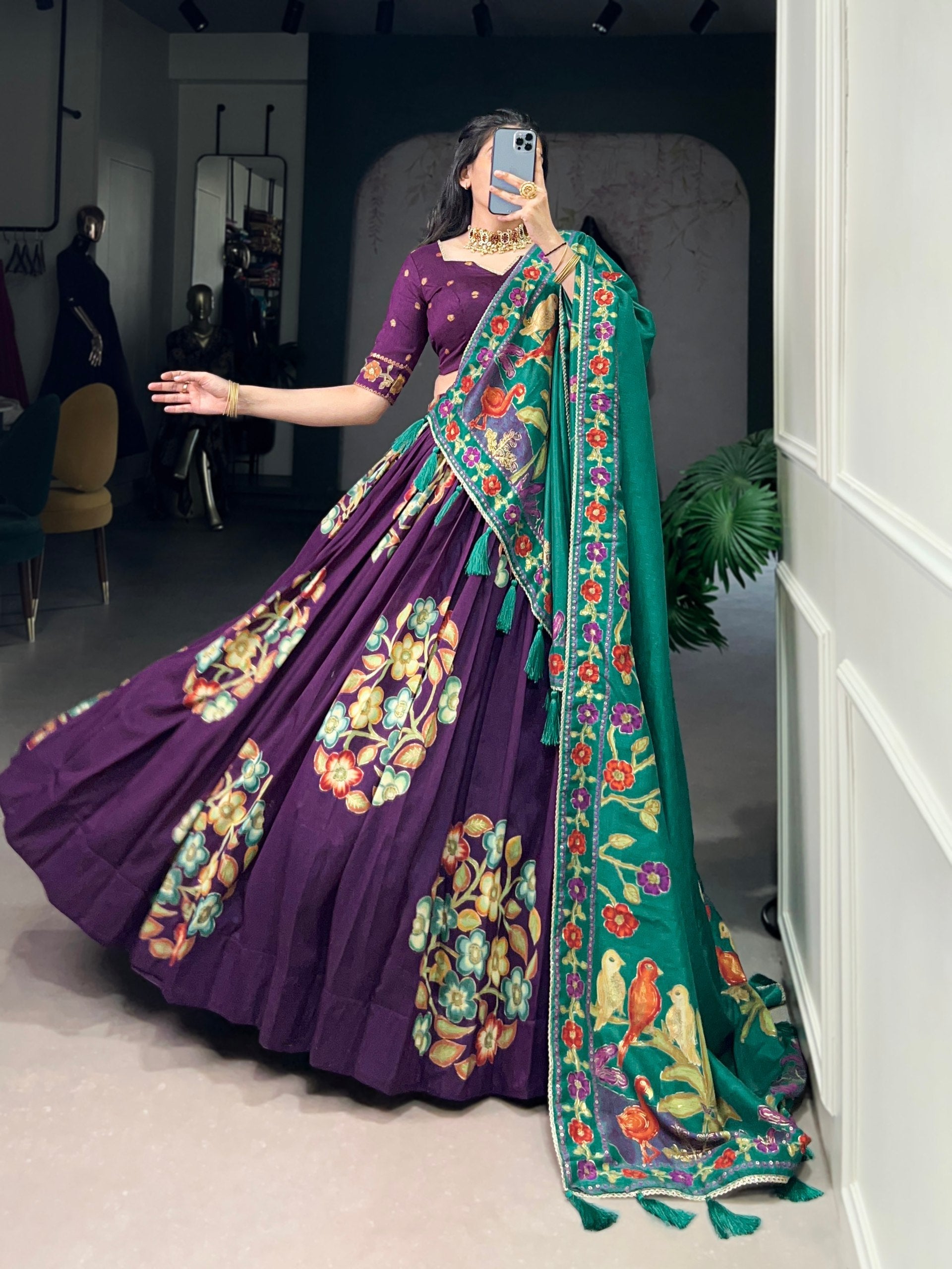 Purple Elegant Tussar Silk Printed Lehenga Set with Foil Work & Gotta Patti Dupatta