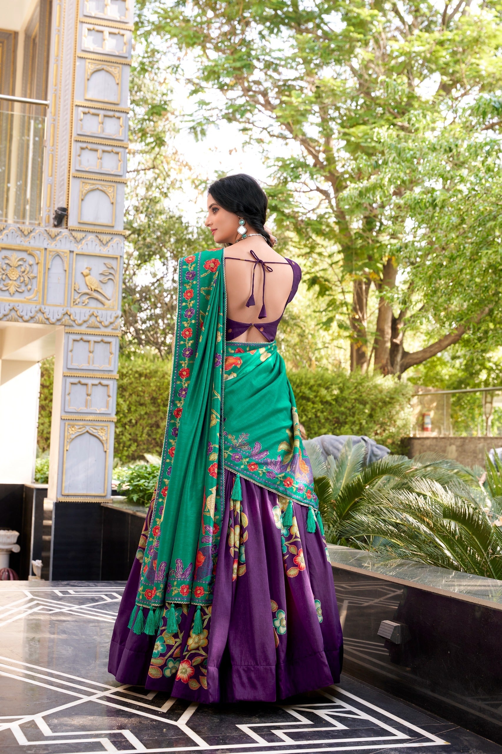 Purple Elegant Tussar Silk Printed Lehenga Set with Foil Work & Gotta Patti Dupatta