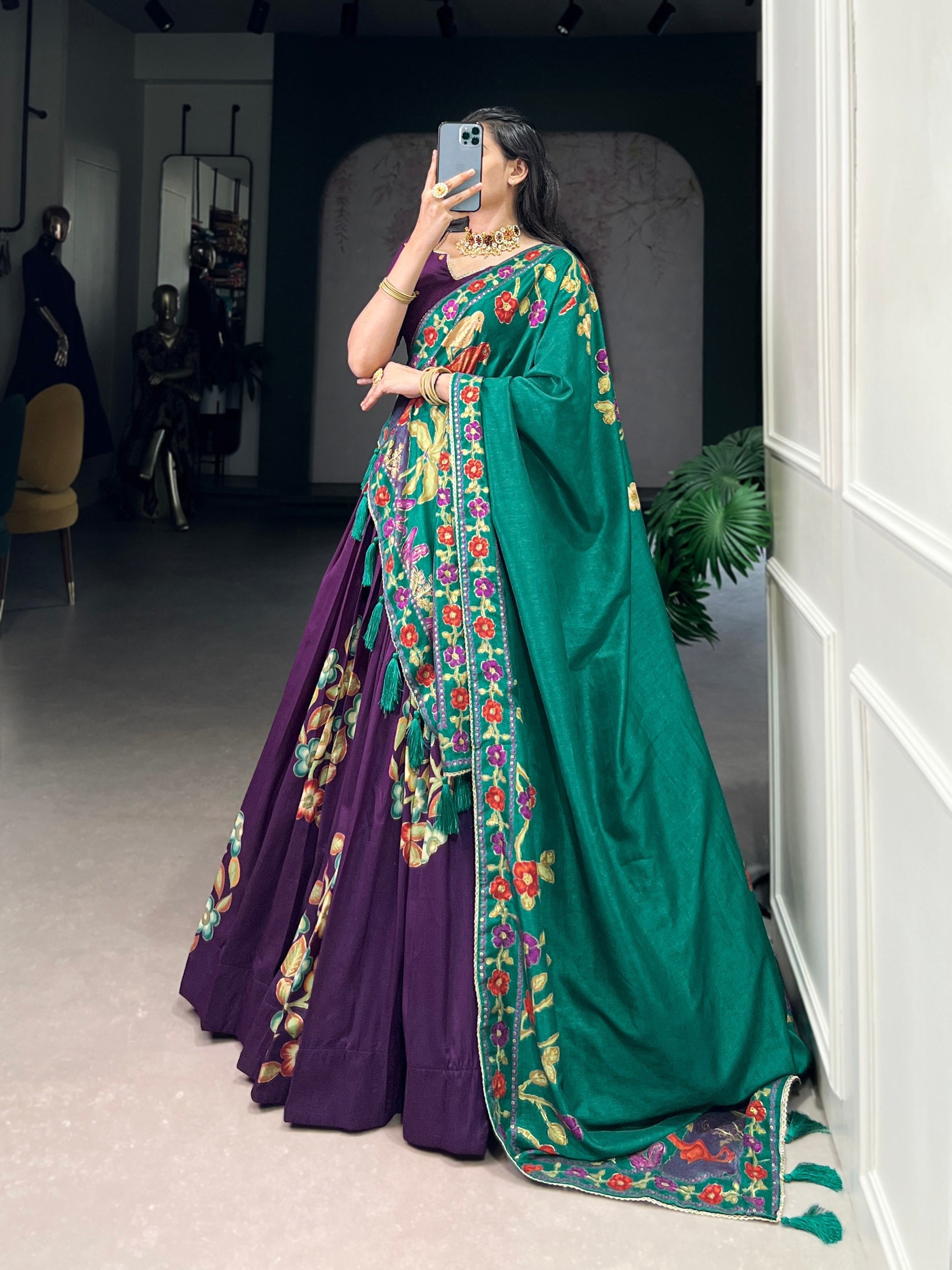 Purple Elegant Tussar Silk Printed Lehenga Set with Foil Work & Gotta Patti Dupatta