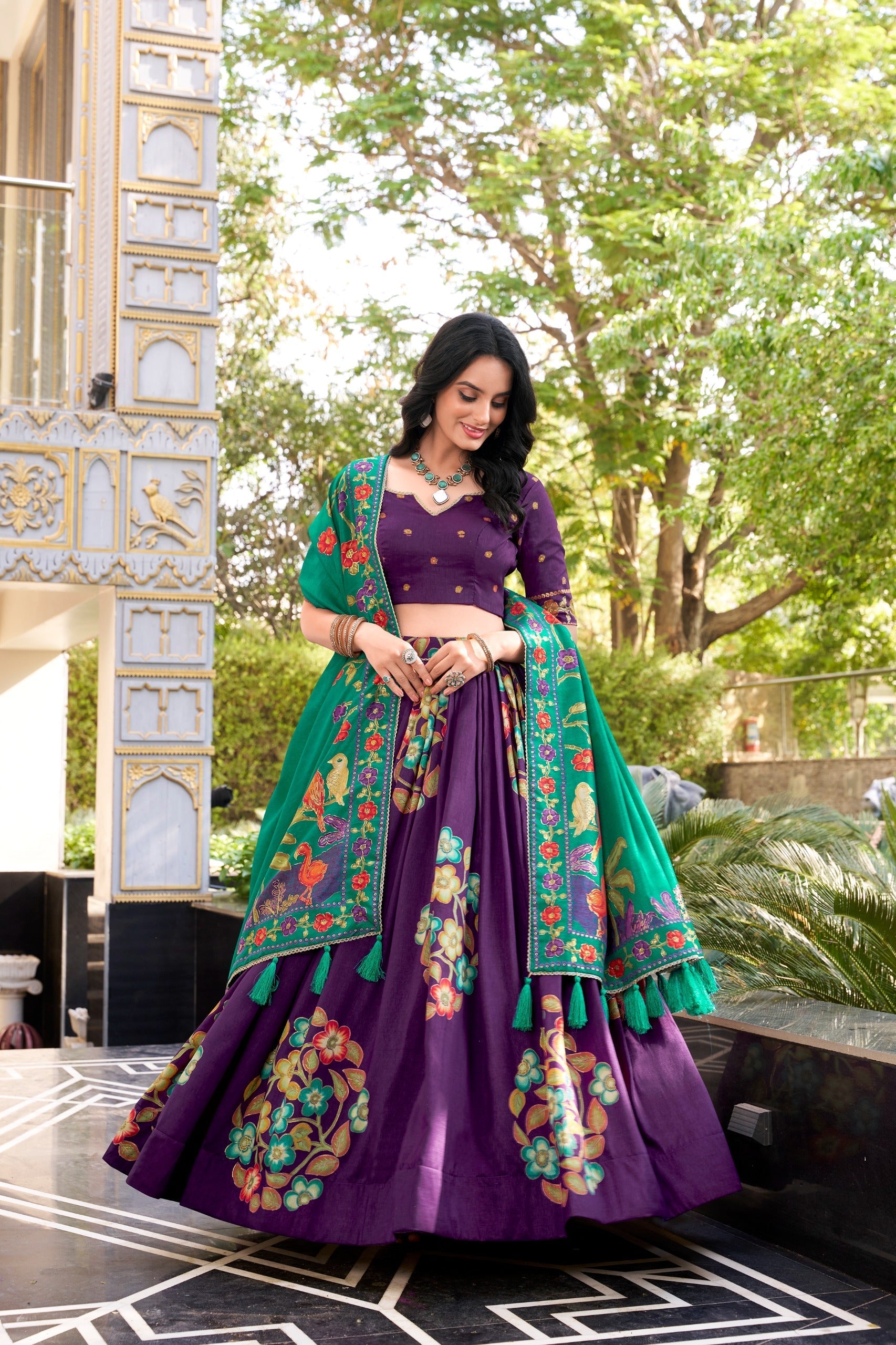Purple Elegant Tussar Silk Printed Lehenga Set with Foil Work & Gotta Patti Dupatta
