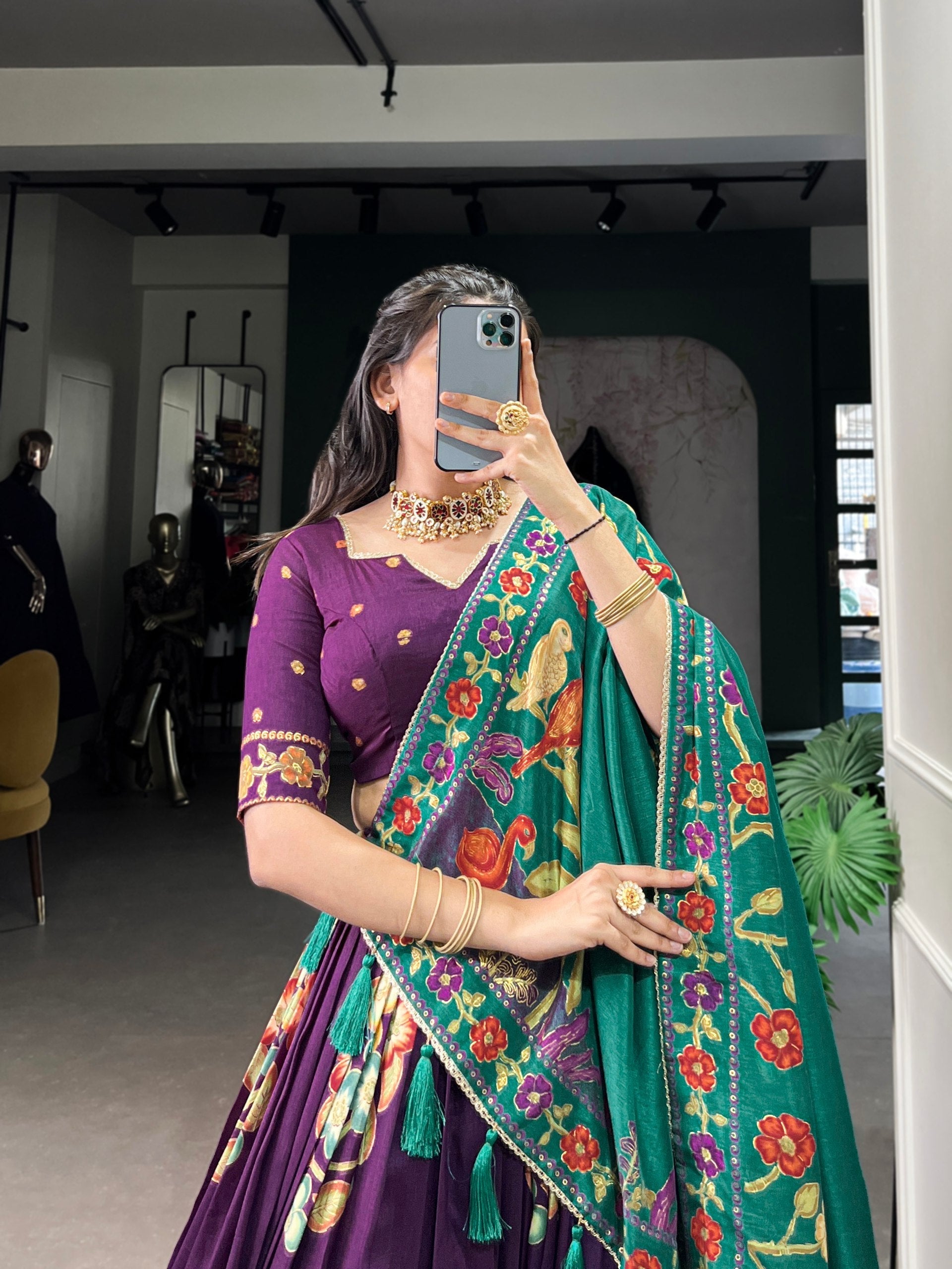 Purple Elegant Tussar Silk Printed Lehenga Set with Foil Work & Gotta Patti Dupatta