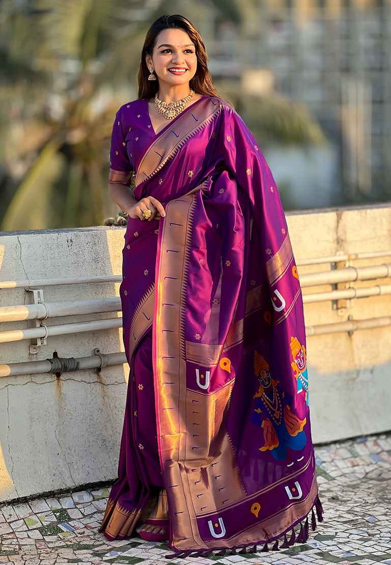 Purple Elegant Women's Soft Paithani Silk Saree with Zari Woven Design