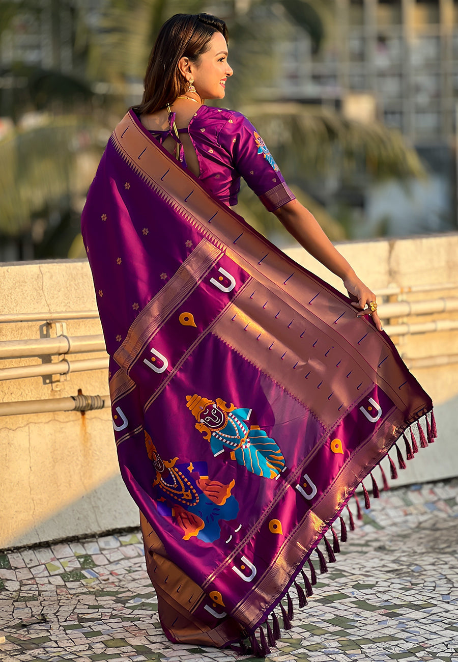 Purple Elegant Women's Soft Paithani Silk Saree with Zari Woven Design