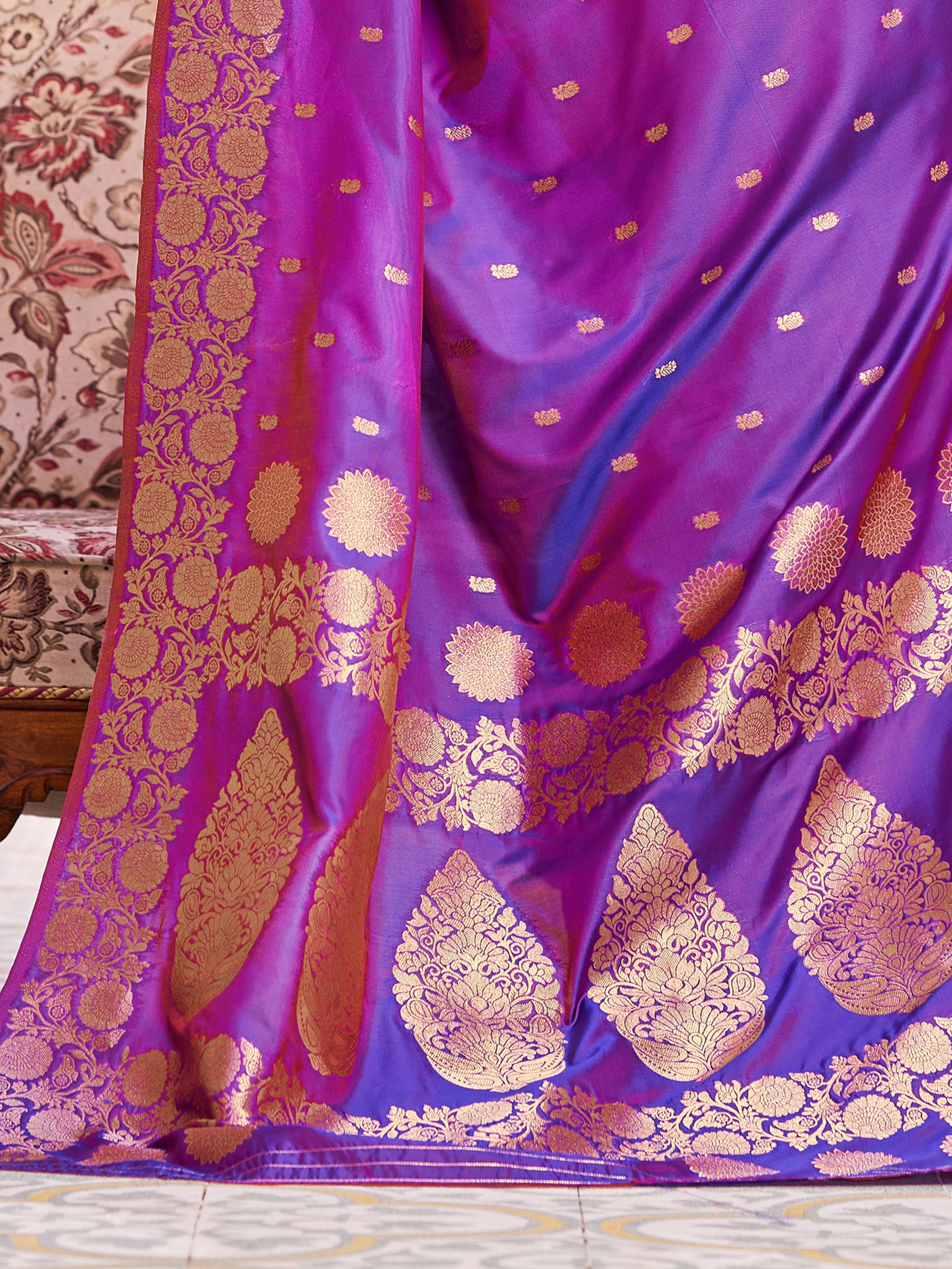Purple Elegant Woven Assam Silk Saree with Unstitched Blouse Piece