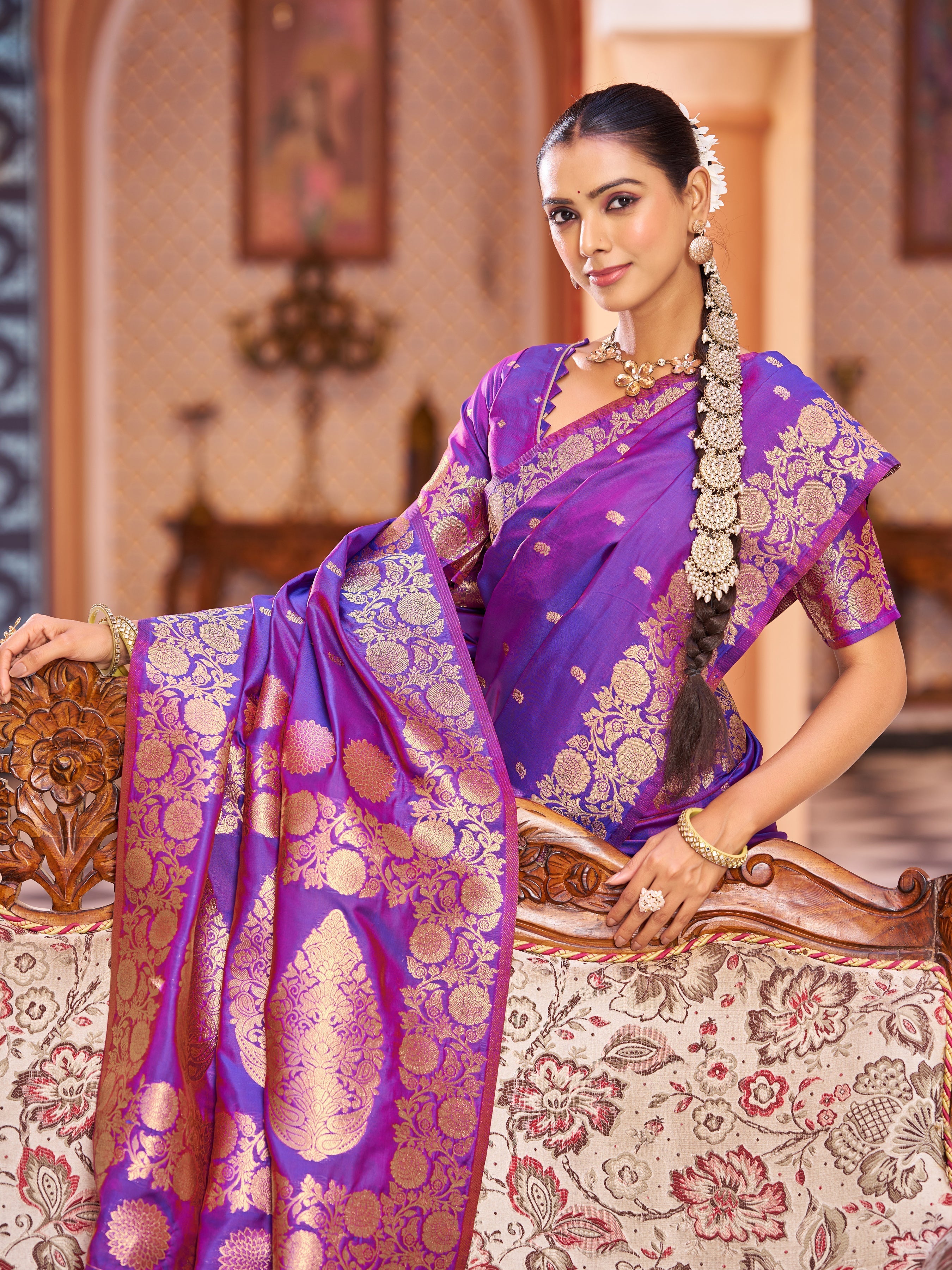 Purple Elegant Woven Assam Silk Saree with Unstitched Blouse Piece