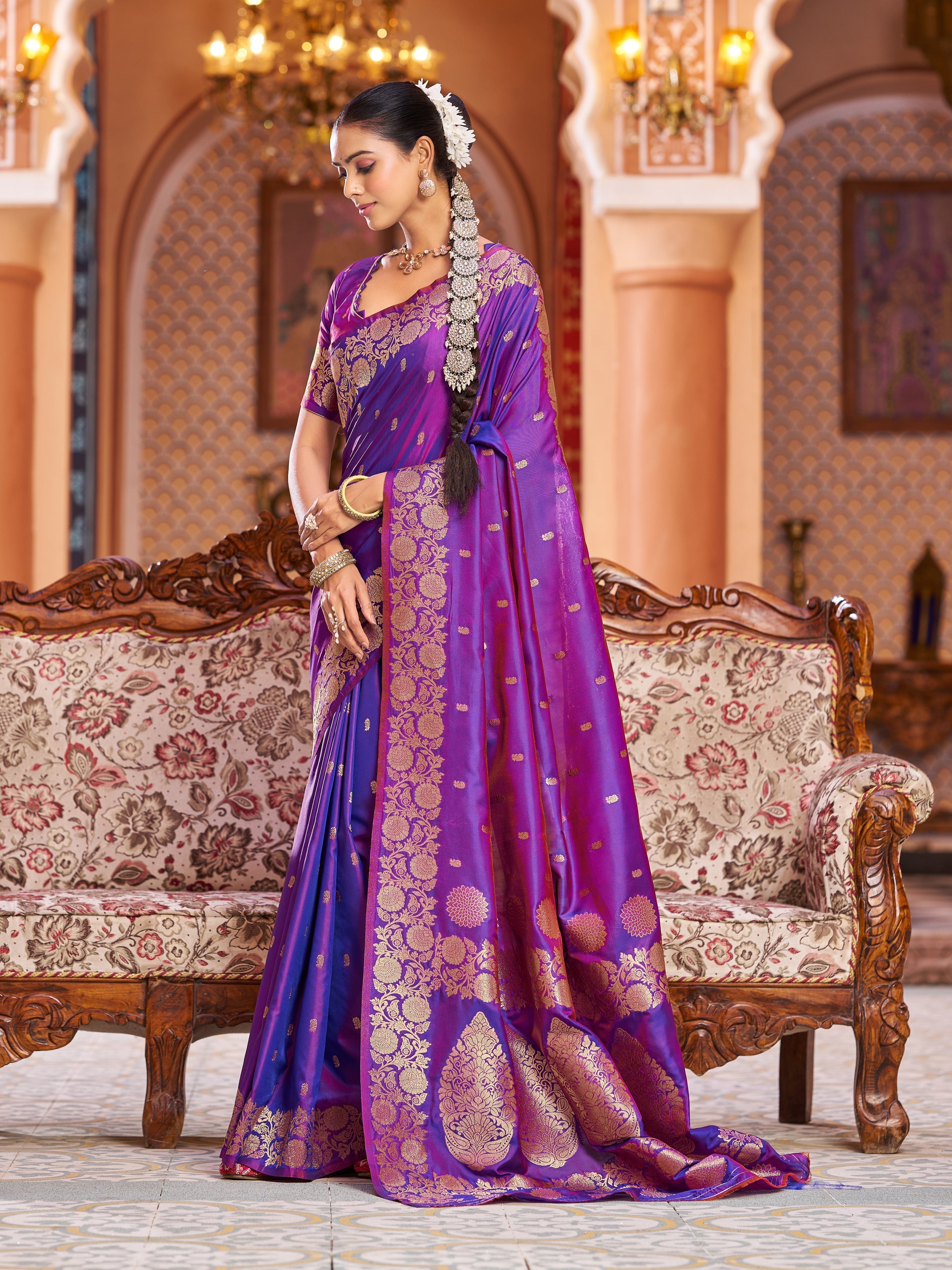 Purple Elegant Woven Assam Silk Saree with Unstitched Blouse Piece