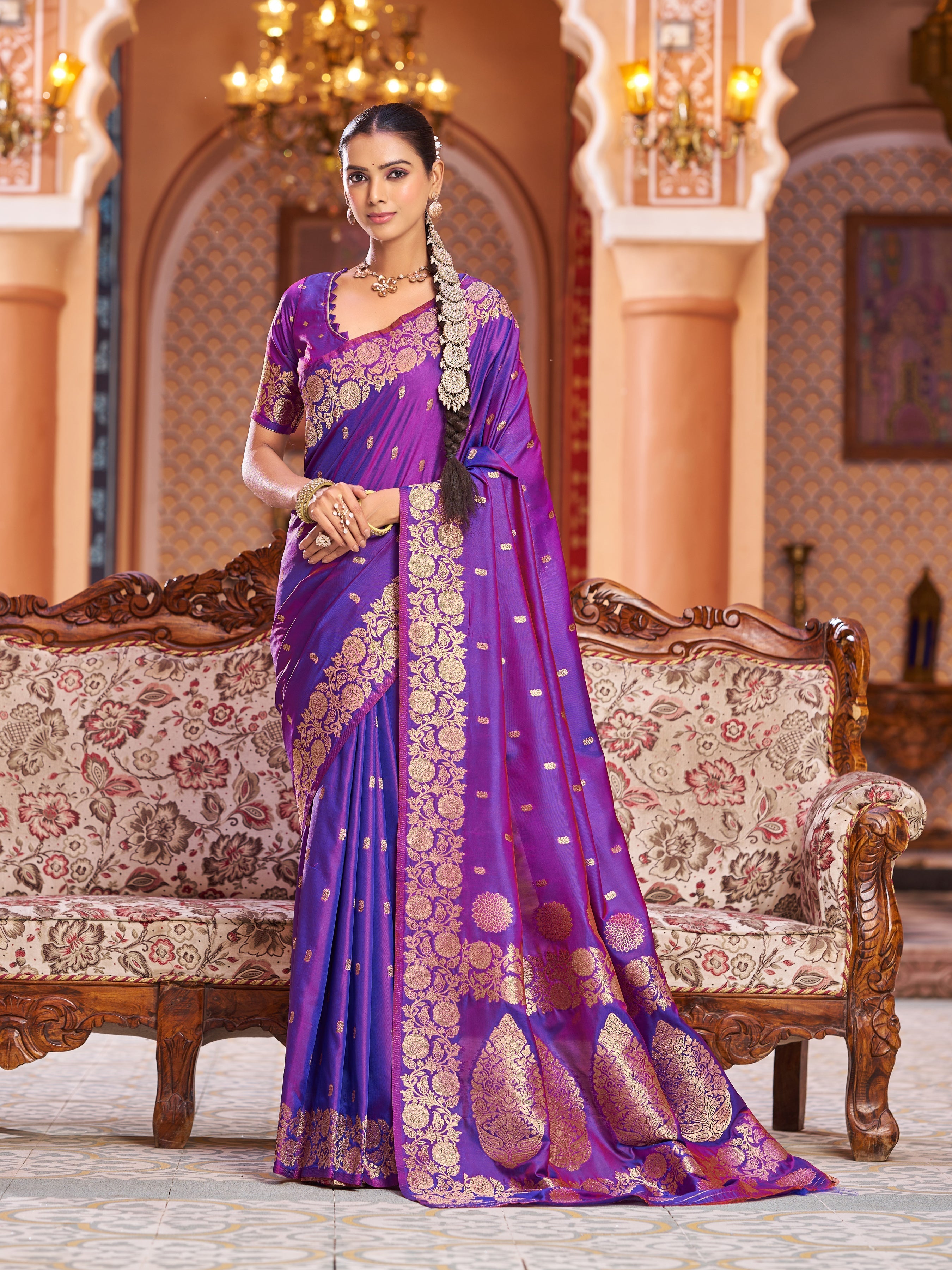 Purple Elegant Woven Assam Silk Saree with Unstitched Blouse Piece