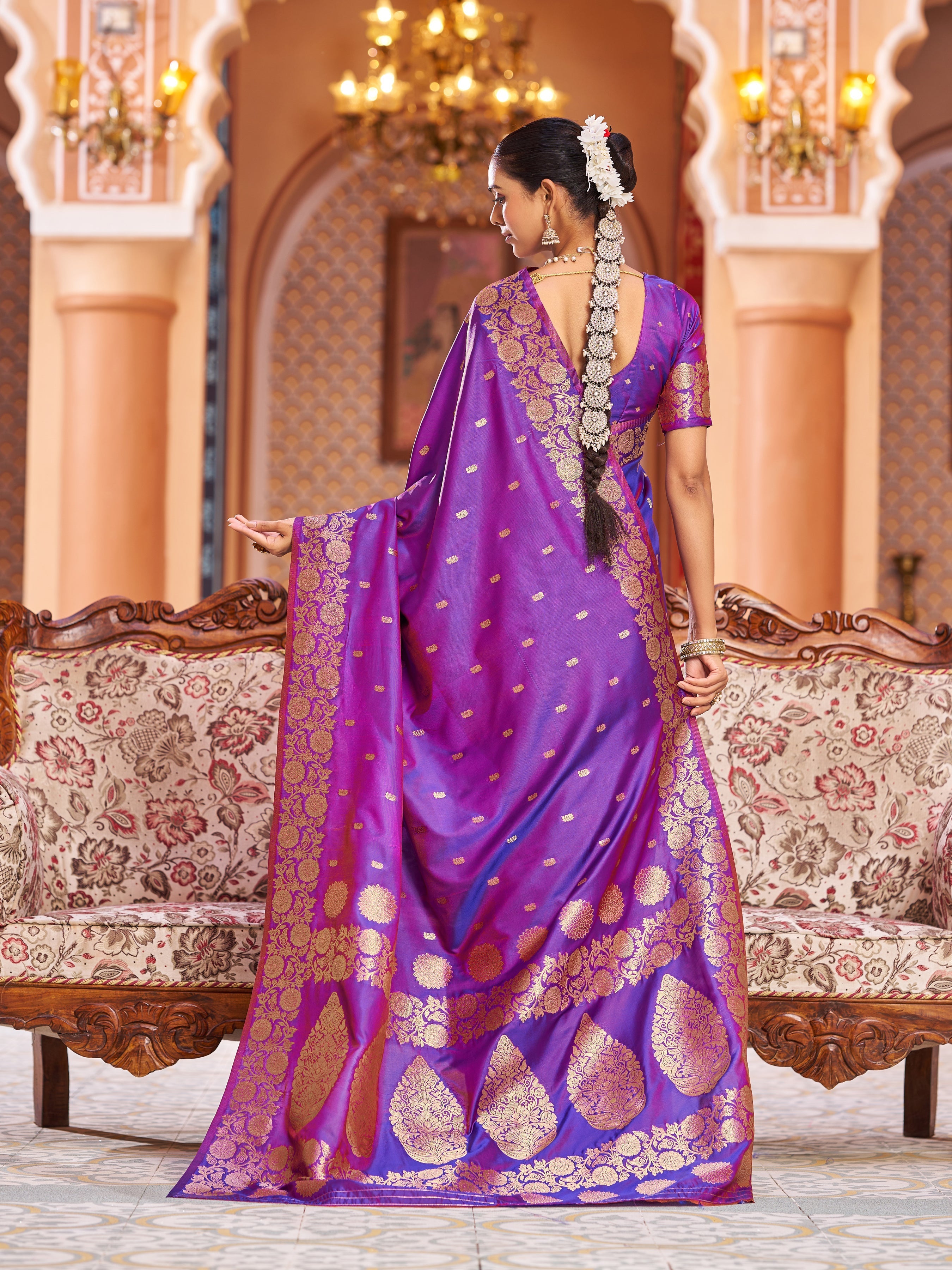 Purple Elegant Woven Assam Silk Saree with Unstitched Blouse Piece
