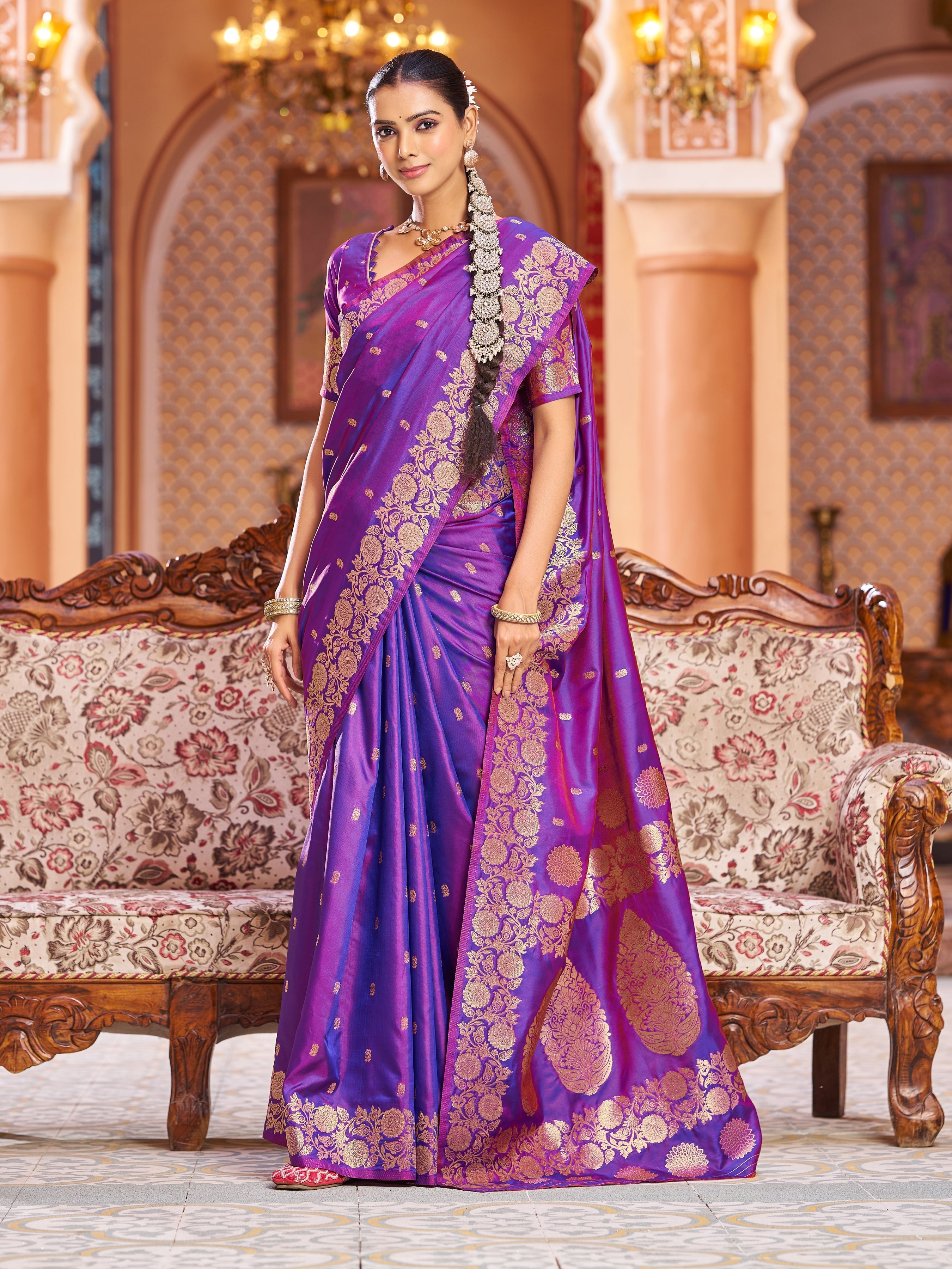Purple Elegant Woven Assam Silk Saree with Unstitched Blouse Piece