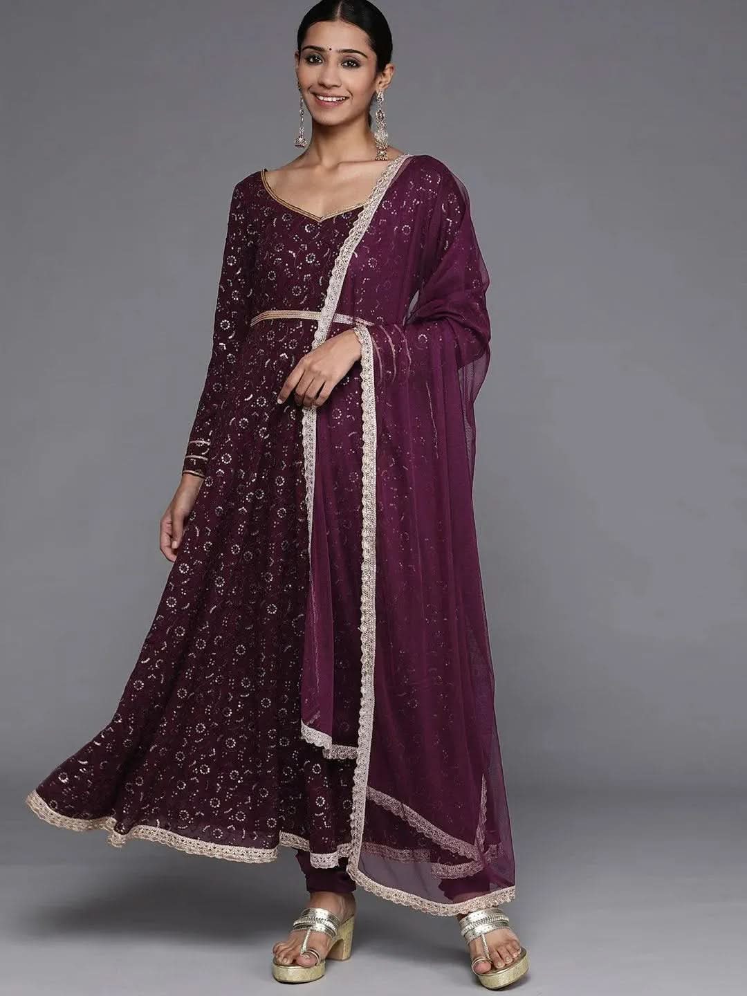 Anouk Purple Embroidered Georgette Anarkali Kurta With Churidar & Dupatta