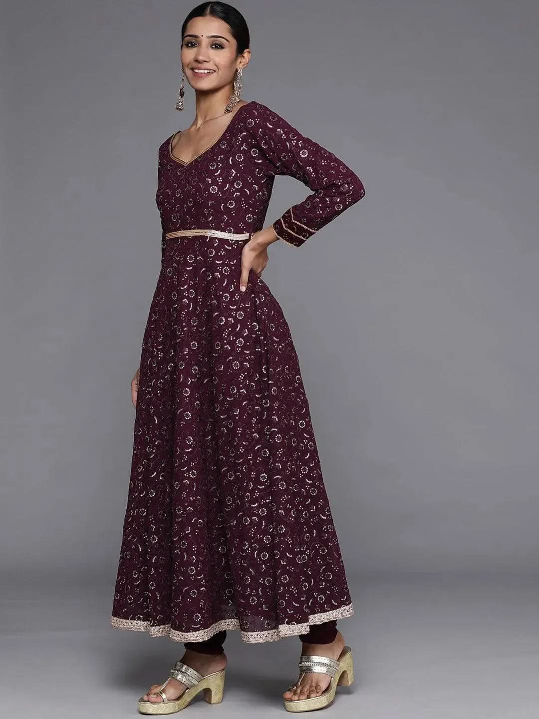 Anouk Purple Embroidered Georgette Anarkali Kurta With Churidar & Dupatta