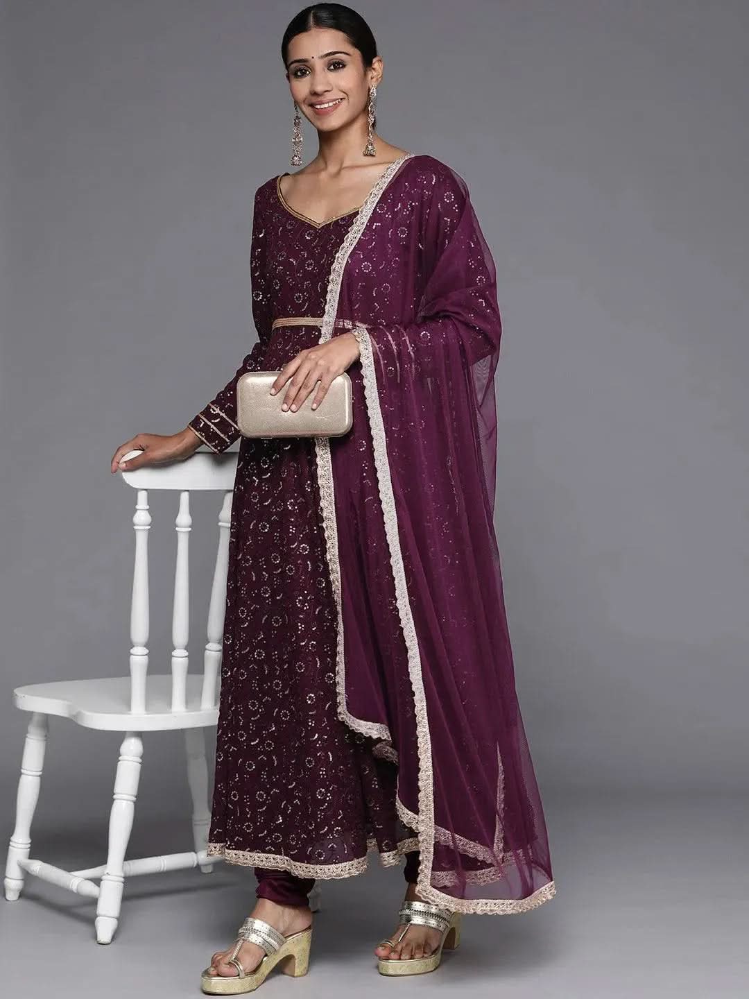 Anouk Purple Embroidered Georgette Anarkali Kurta With Churidar & Dupatta
