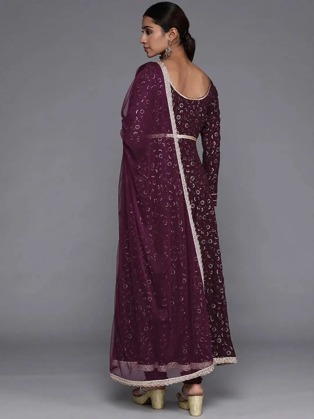 Anouk Purple Embroidered Georgette Anarkali Kurta With Churidar & Dupatta
