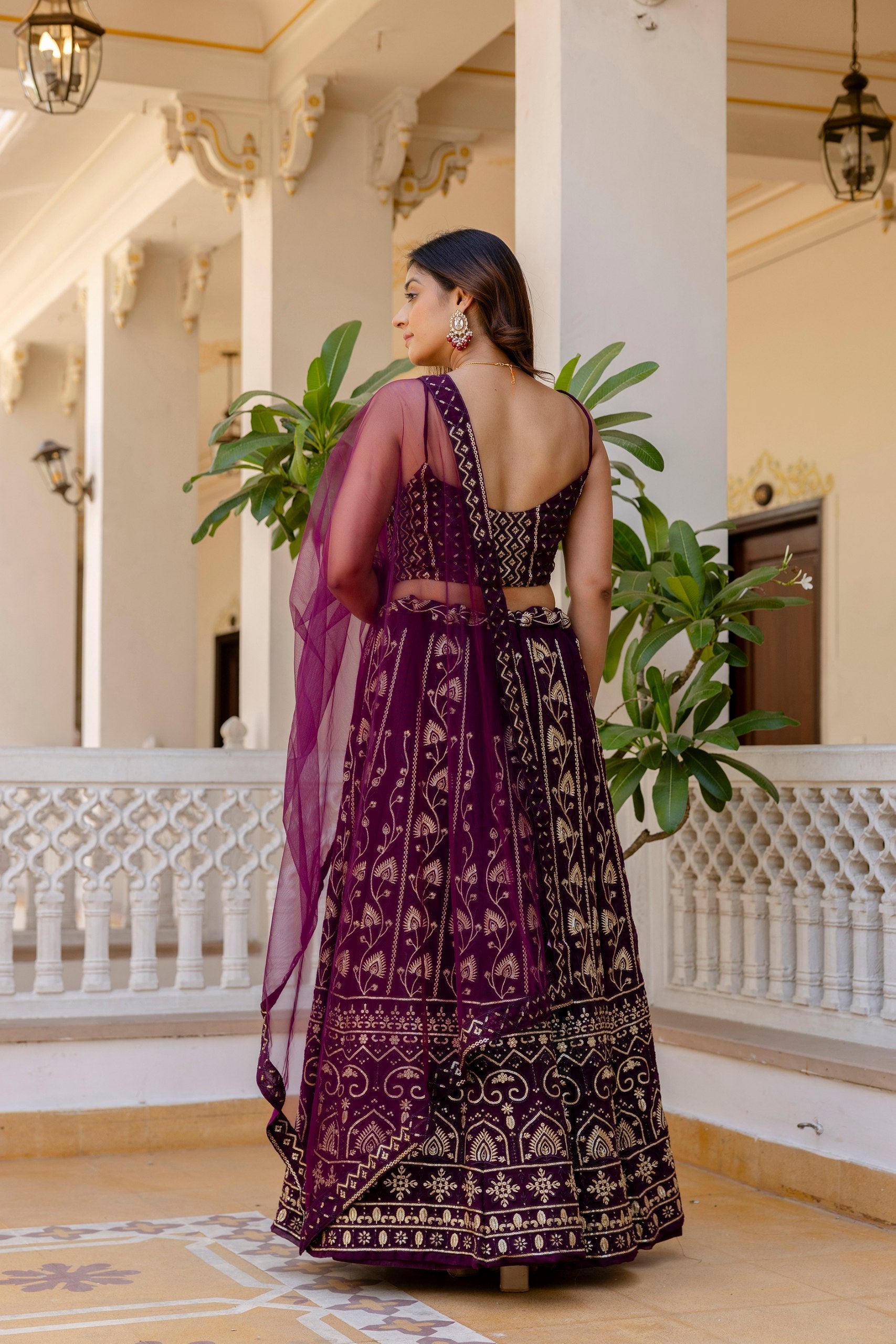 Purple Embroidered Georgette Lehenga Set with Sequins Work & Net Dupatta