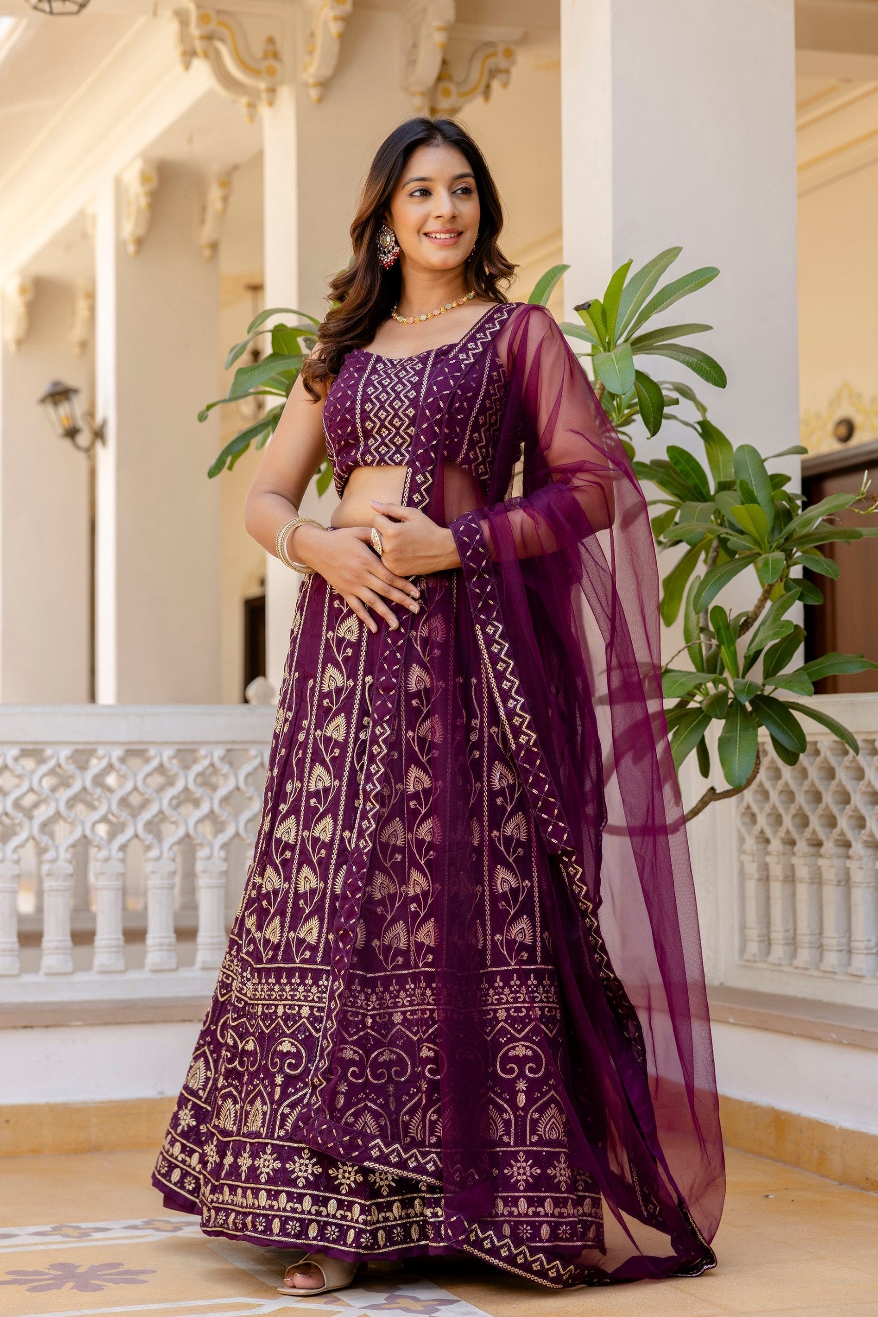 Purple Embroidered Georgette Lehenga Set with Sequins Work & Net Dupatta