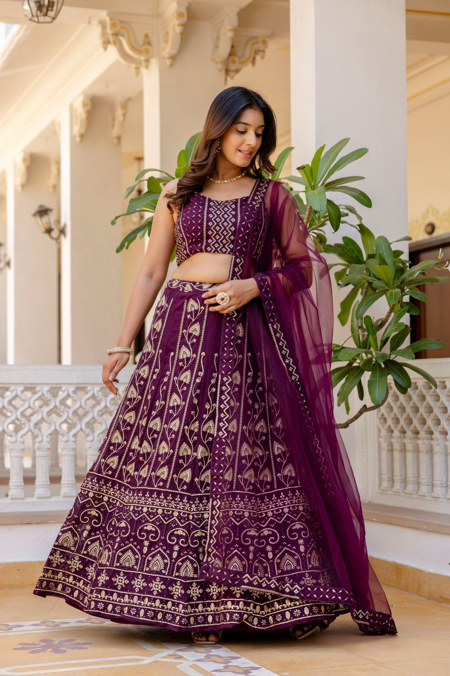 Purple Embroidered Georgette Lehenga Set with Sequins Work & Net Dupatta
