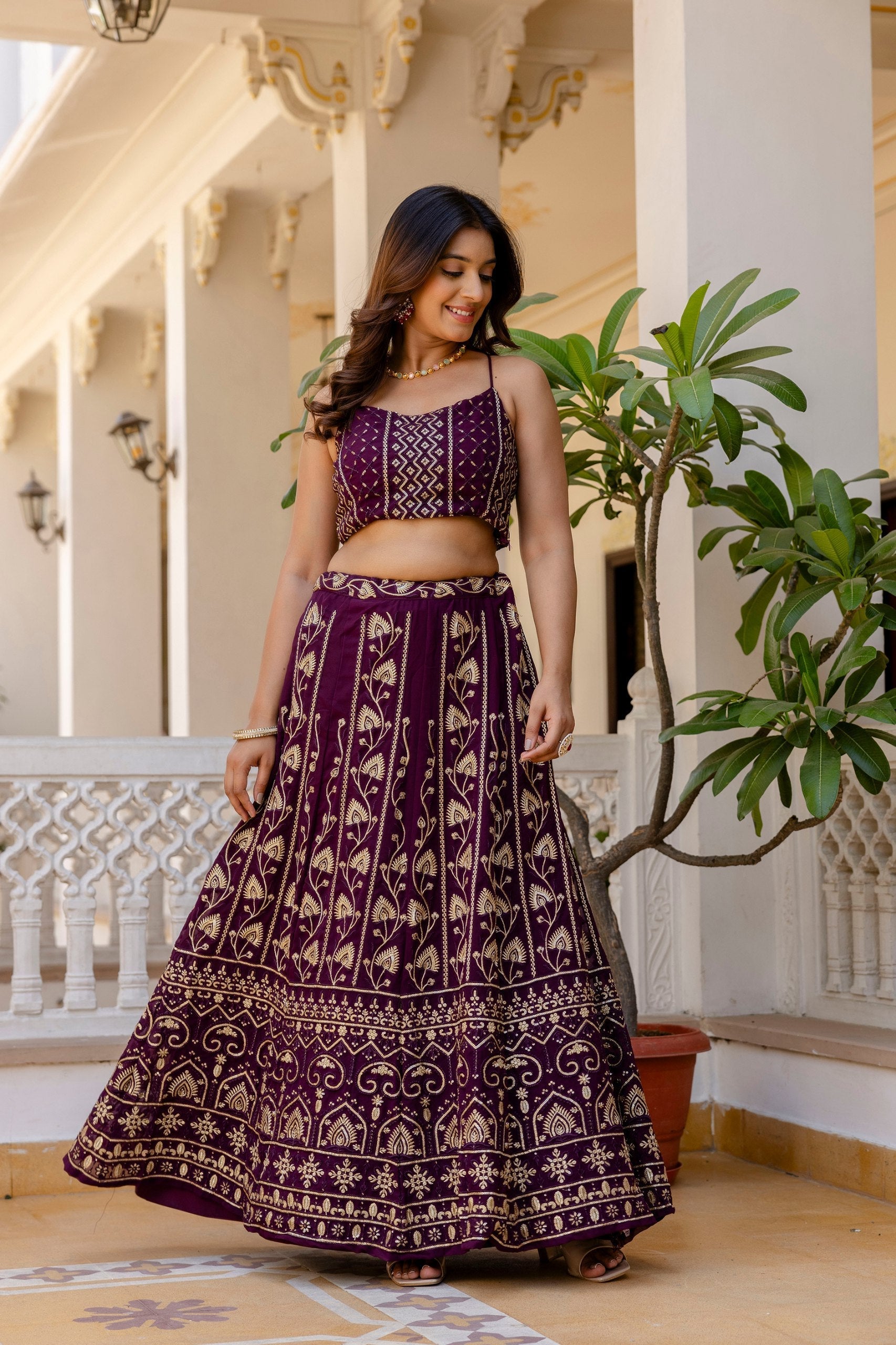 Purple Embroidered Georgette Lehenga Set with Sequins Work & Net Dupatta