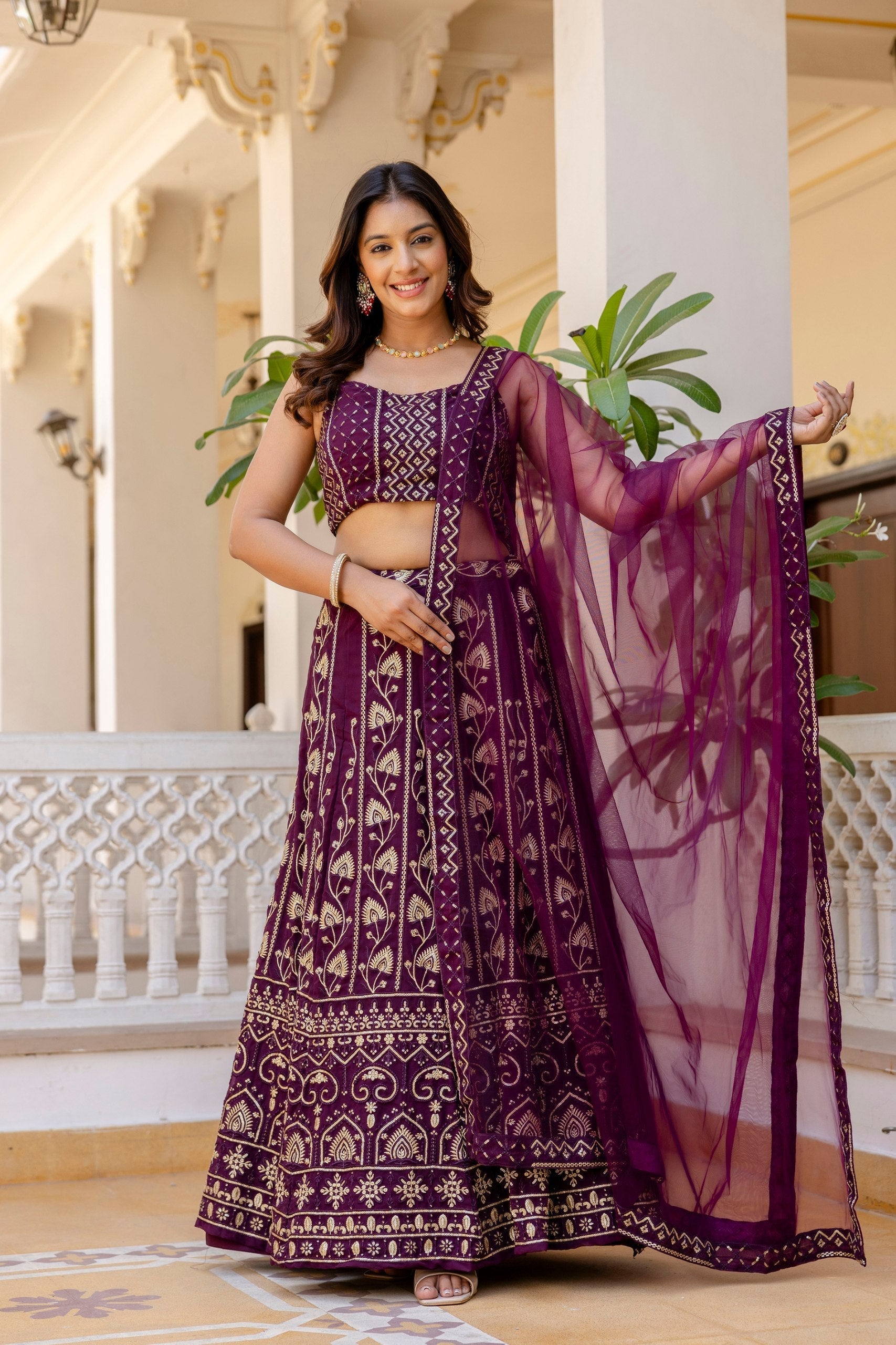 Purple Embroidered Georgette Lehenga Set with Sequins Work & Net Dupatta