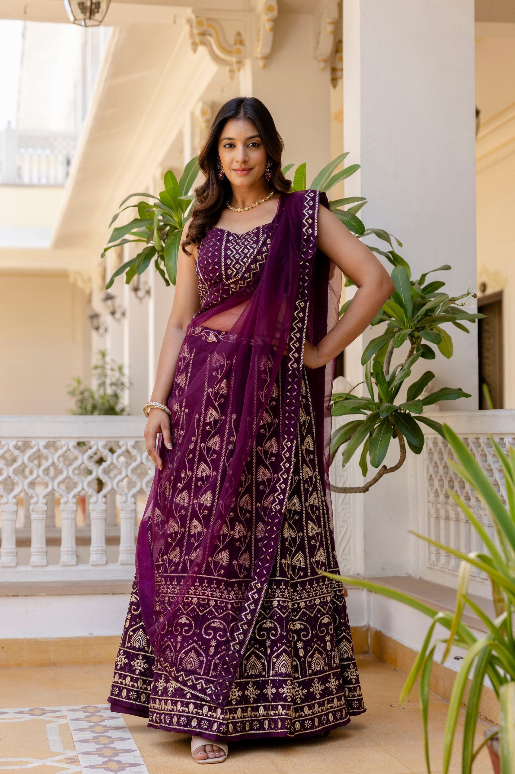 Purple Embroidered Georgette Lehenga Set with Sequins Work & Net Dupatta
