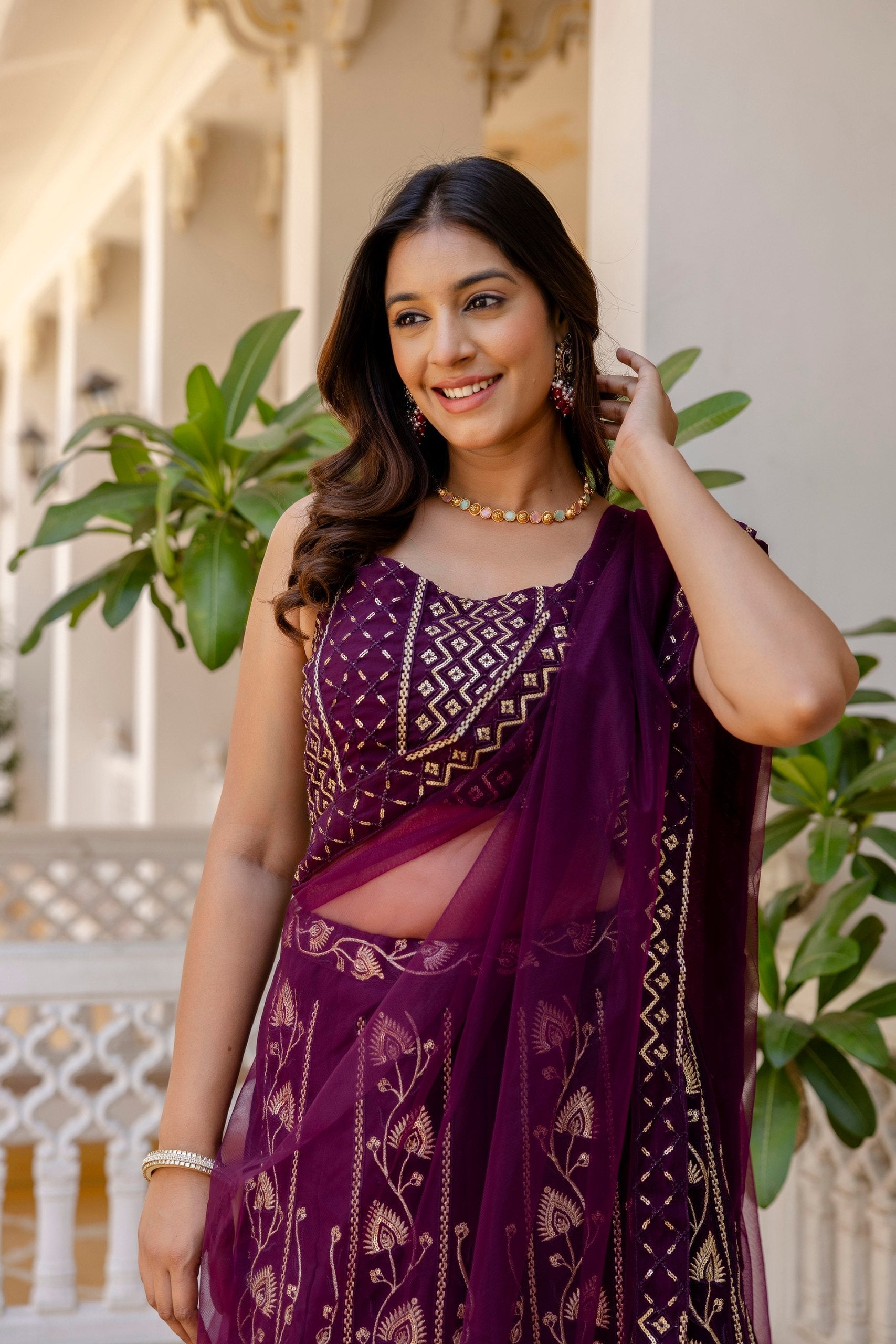 Purple Embroidered Georgette Lehenga Set with Sequins Work & Net Dupatta