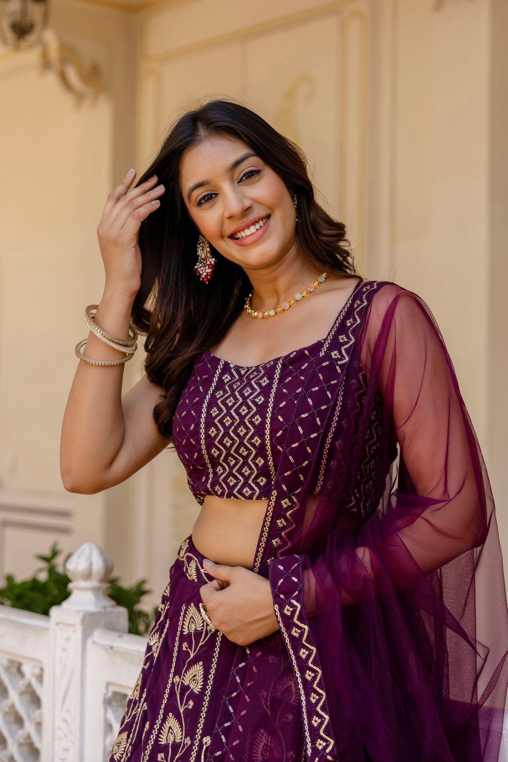 Purple Embroidered Georgette Lehenga Set with Sequins Work & Net Dupatta