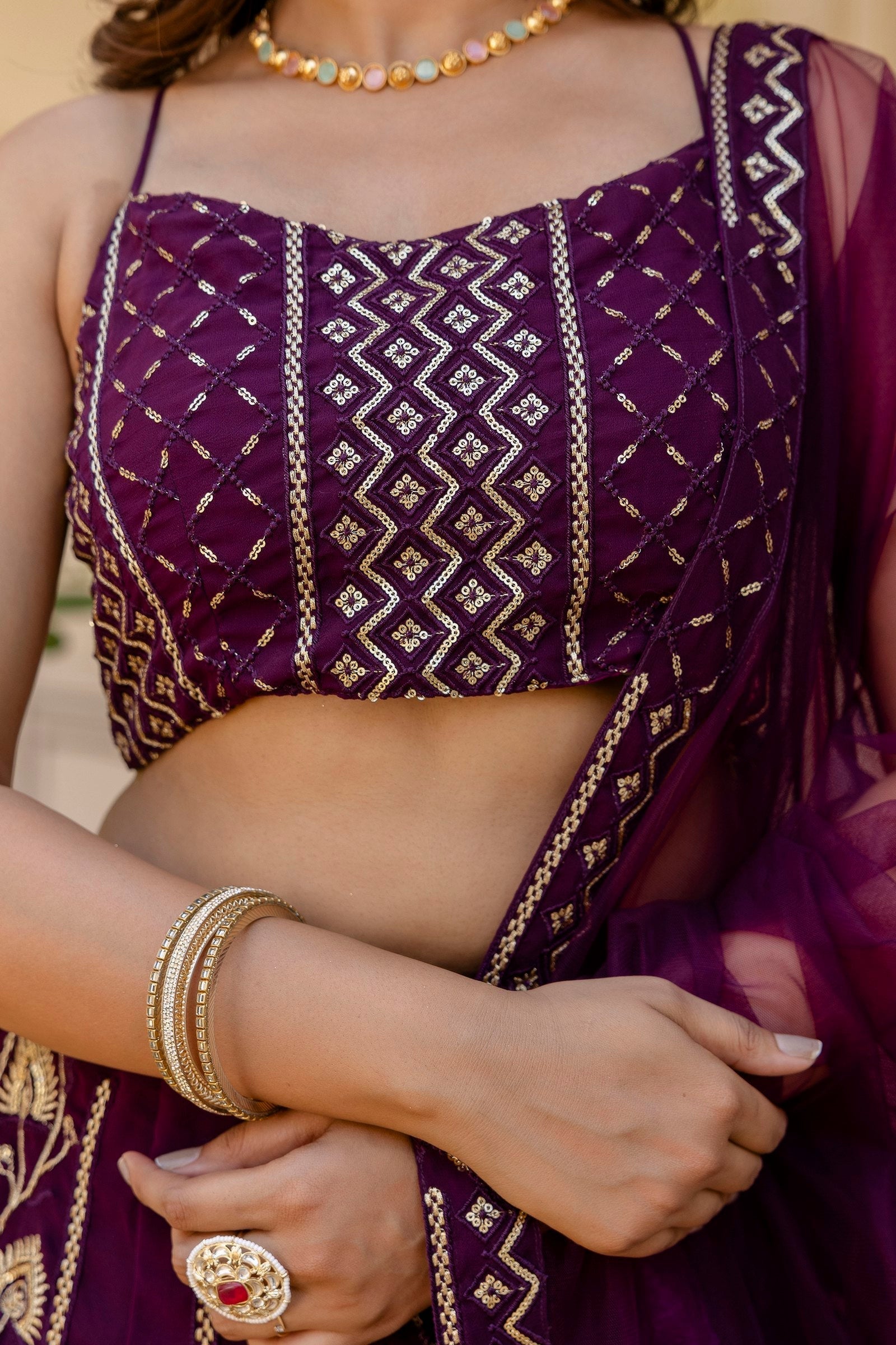 Purple Embroidered Georgette Lehenga Set with Sequins Work & Net Dupatta