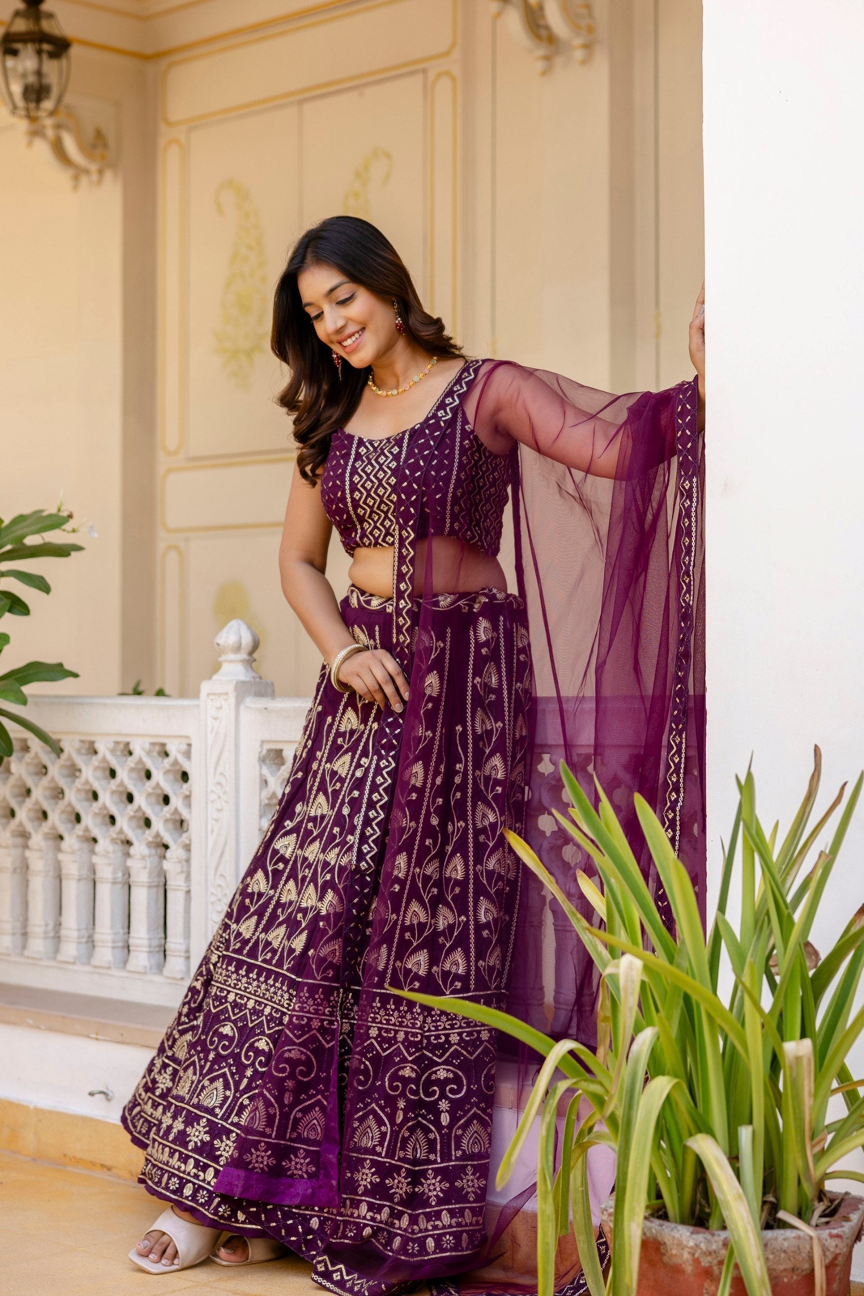Purple Embroidered Georgette Lehenga Set with Sequins Work & Net Dupatta